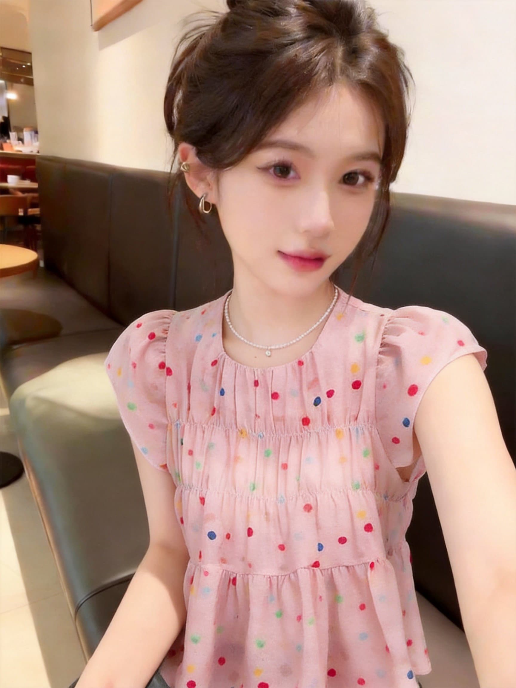 실사 여름 새로운 한국 스타일 라운드 넥 도트 무늬 풀오버 쉬폰 프릴 일반 반팔 맨위 여성 상세 이미지 14
