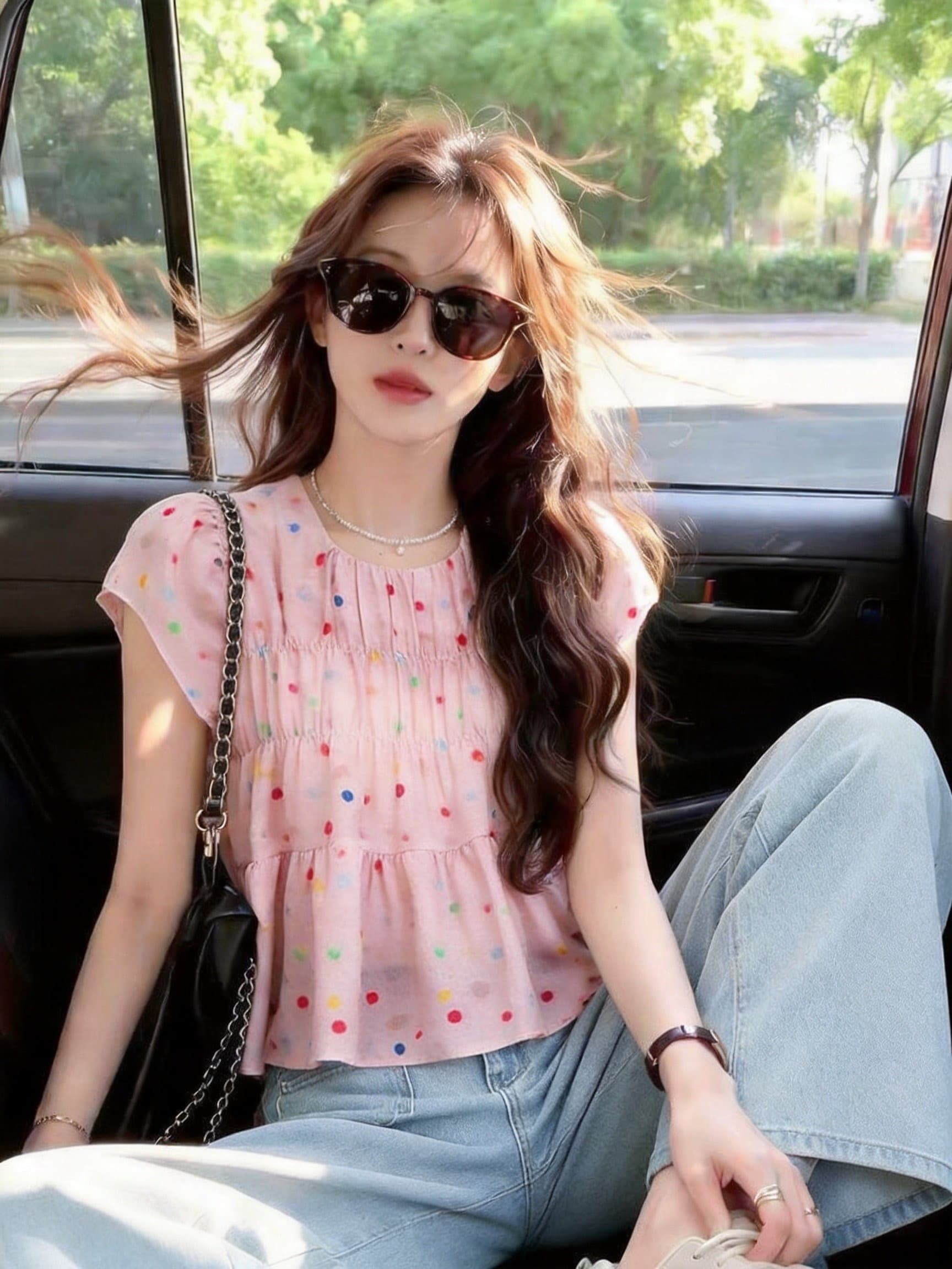 실사 여름 새로운 한국 스타일 라운드 넥 도트 무늬 풀오버 쉬폰 프릴 일반 반팔 맨위 여성 상세 이미지 15
