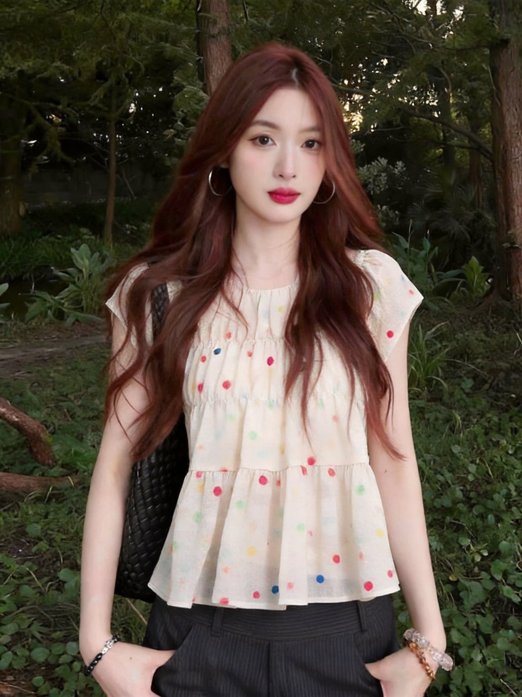 실사 여름 새로운 한국 스타일 라운드 넥 도트 무늬 풀오버 쉬폰 프릴 일반 반팔 맨위 여성 이미지 3