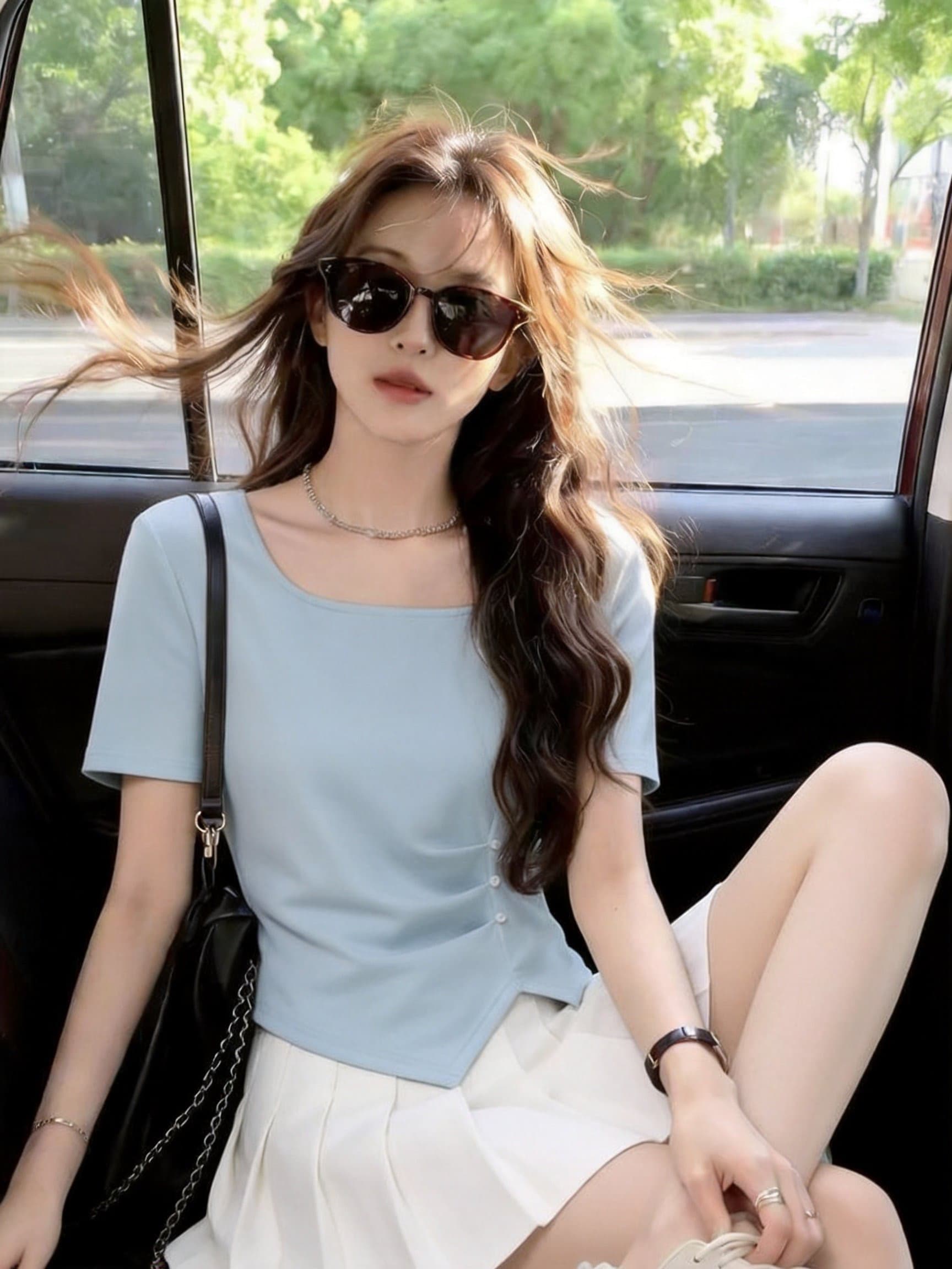 실사 여름 새로운 한국 스타일 주름 불규칙 짧은 드레스 티셔츠 디자인 센스 다용도 슬림해 보이는 맨위 상세 이미지 15