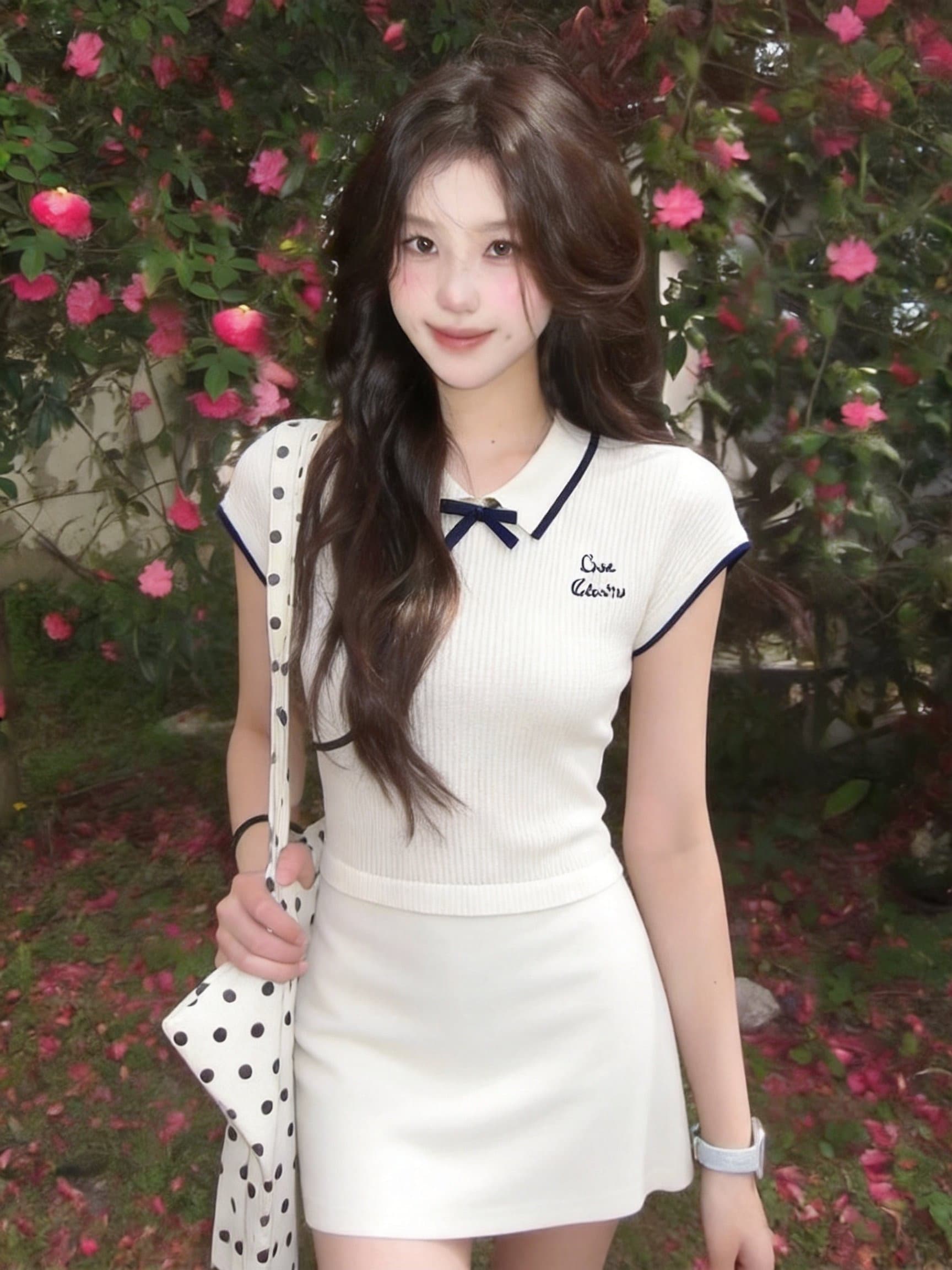 실사 이슬 생각하기 니트 원피스 한 부서 화이트 배색 POLO 칼라 학원 스타일 연령 감소 반팔 드레스 상세 이미지 8