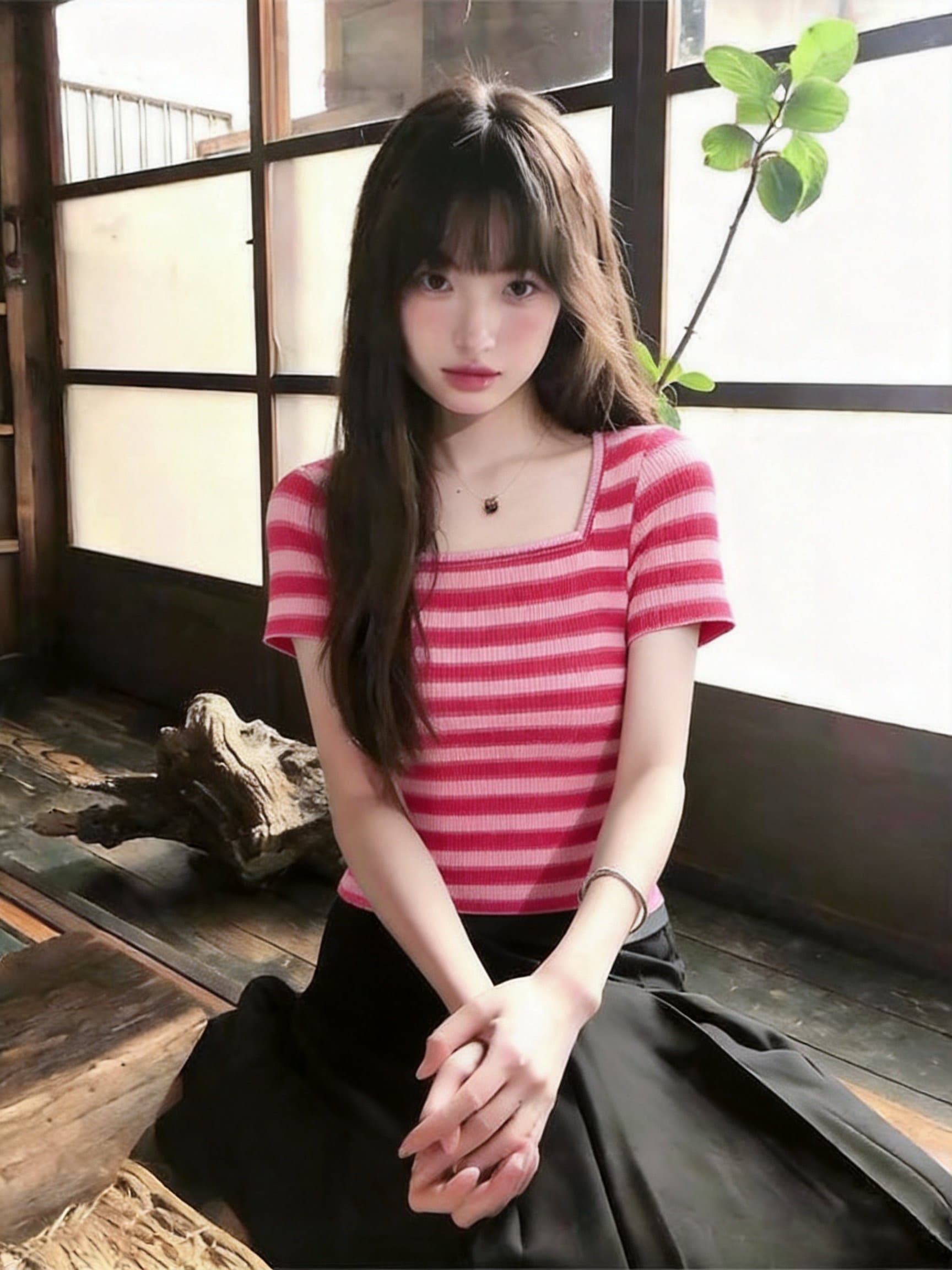 실사 여름 새로운 광장 칼라 스트라이프 반팔 니트 스웨터 여성 몸매 가꾸기 슬림해 보이는 다용도 외국 가스 연령 감소 맨위 얇은 스타일 이미지 3