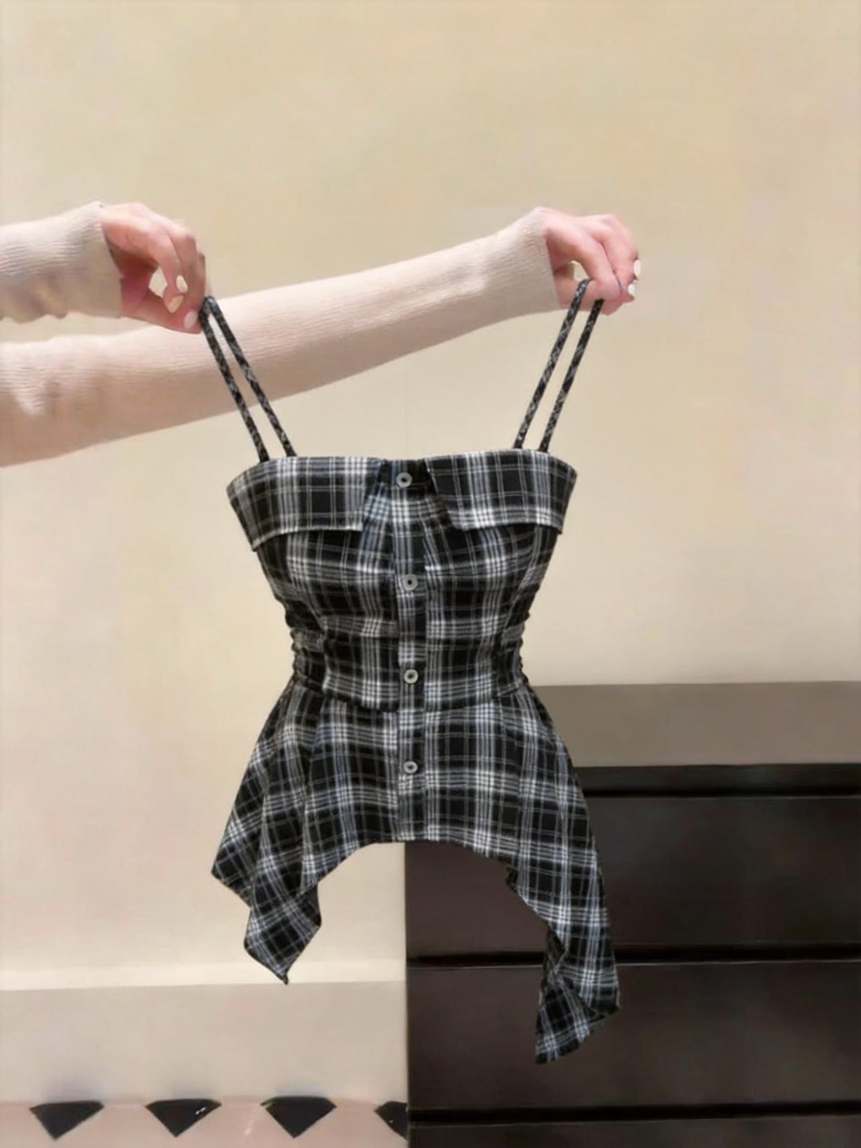 실사 여름 새로운 한국 스타일 달콤한 차가운 개성 핫걸 품격 체크무늬 슬립 맨위 이미지 4
