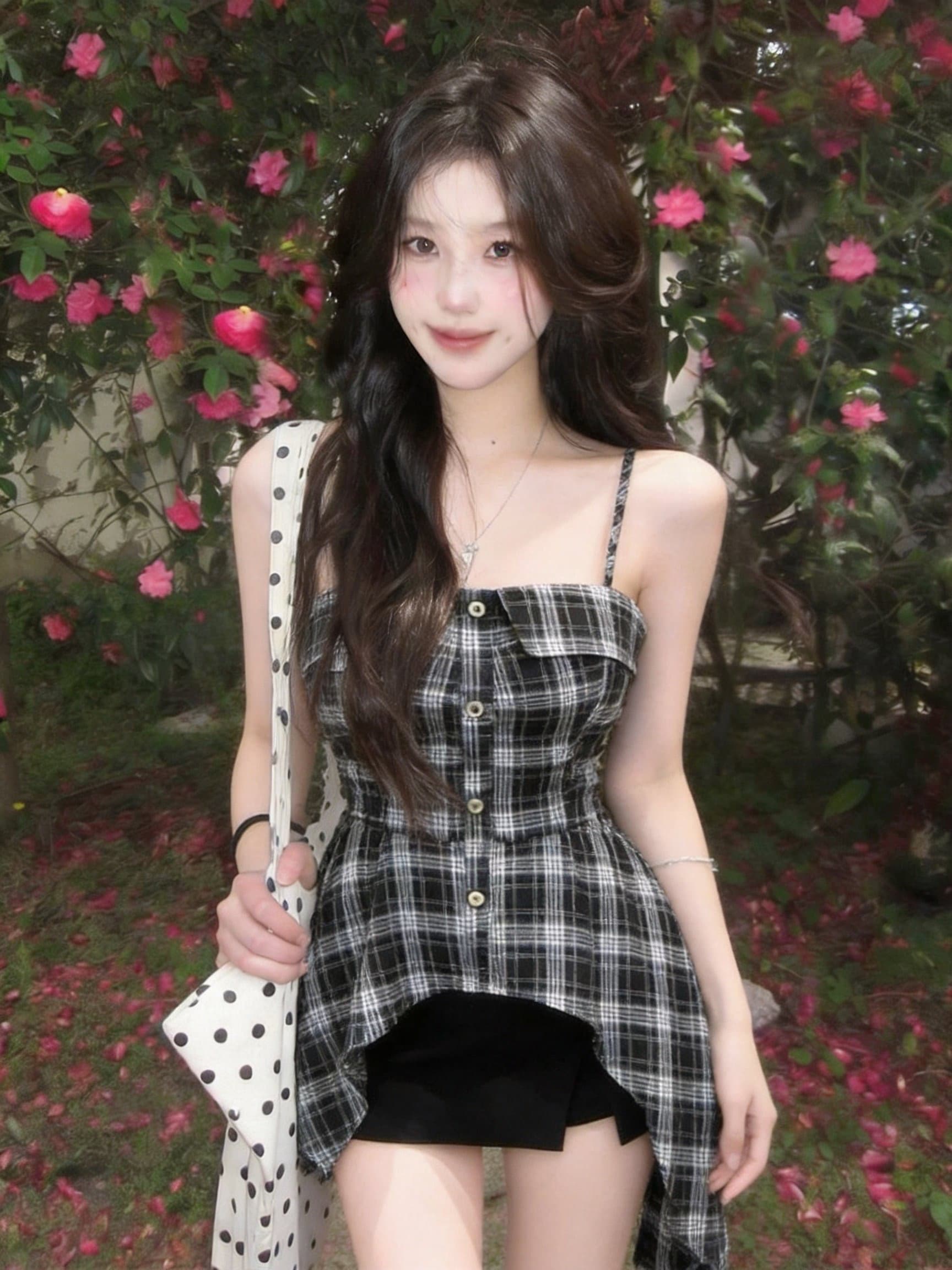 실사 여름 새로운 한국 스타일 달콤한 차가운 개성 핫걸 품격 체크무늬 슬립 맨위 상세 이미지 3