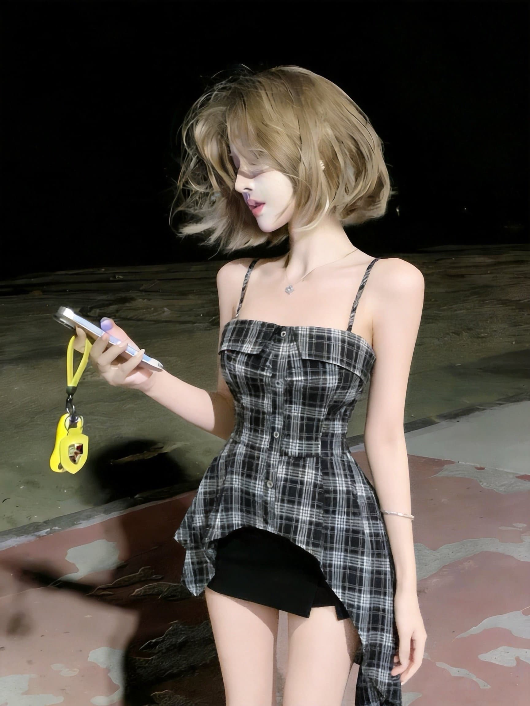 실사 여름 새로운 한국 스타일 달콤한 차가운 개성 핫걸 품격 체크무늬 슬립 맨위 상세 이미지 8