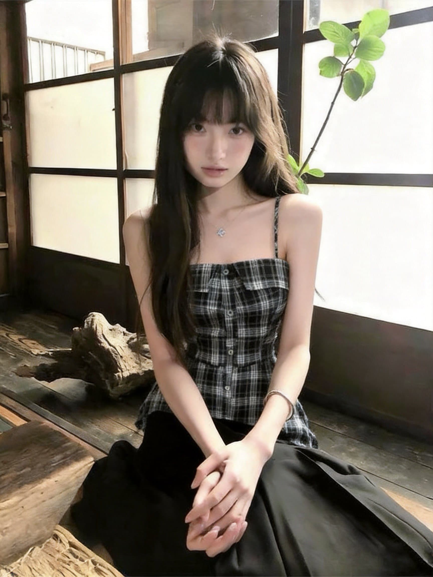 실사 여름 새로운 한국 스타일 달콤한 차가운 개성 핫걸 품격 체크무늬 슬립 맨위 상세 이미지 14