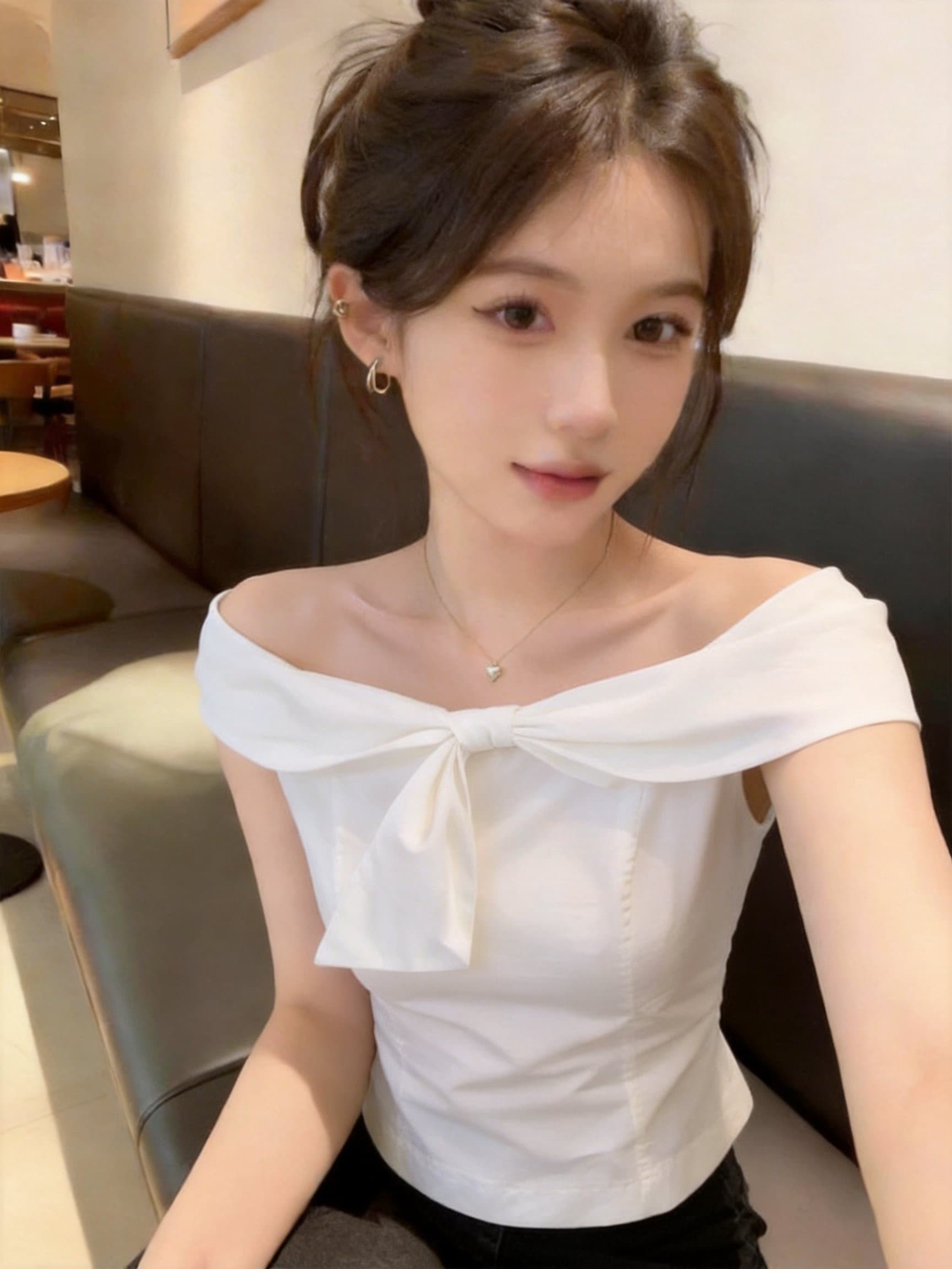 실사 여름 오프숄더 튜브탑 나비 매듭 소녀 분위기 센스 데이트 셔츠 맨위 상세 이미지 6