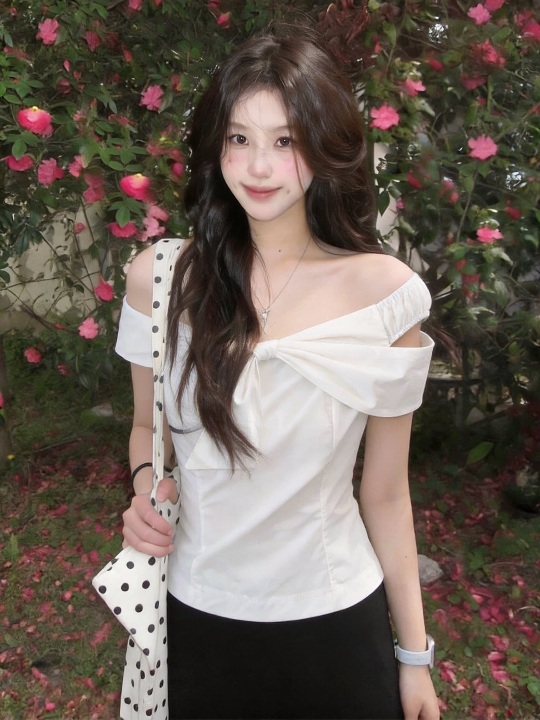 실사 여름 오프숄더 튜브탑 나비 매듭 소녀 분위기 센스 데이트 셔츠 맨위 상세 이미지 21