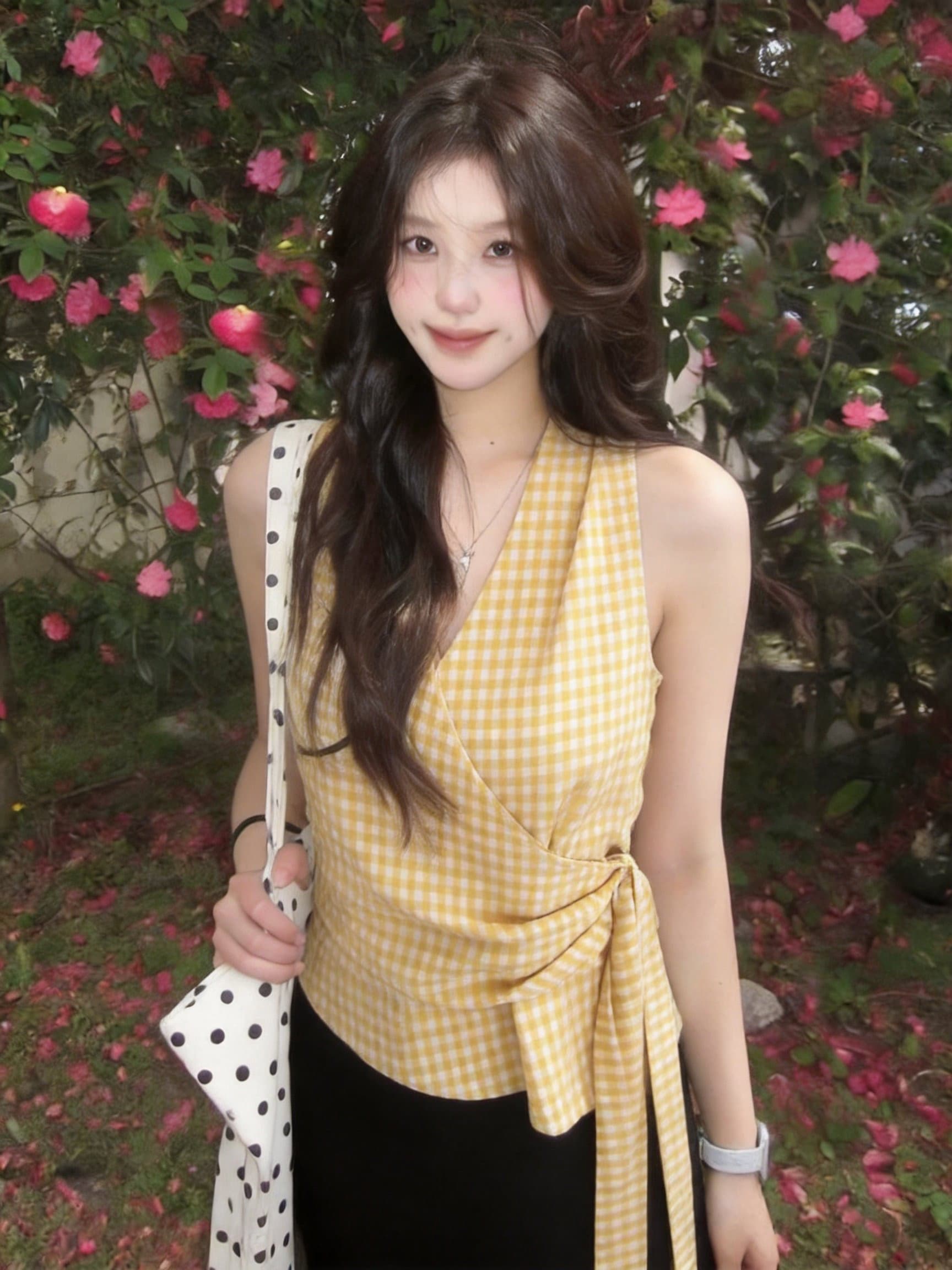 실사 허리 수축 체크무늬 민소매 맨위 여성 새로운 조끼 디자인 센스 고유 한 아름다운 작은 셔츠 이미지 3