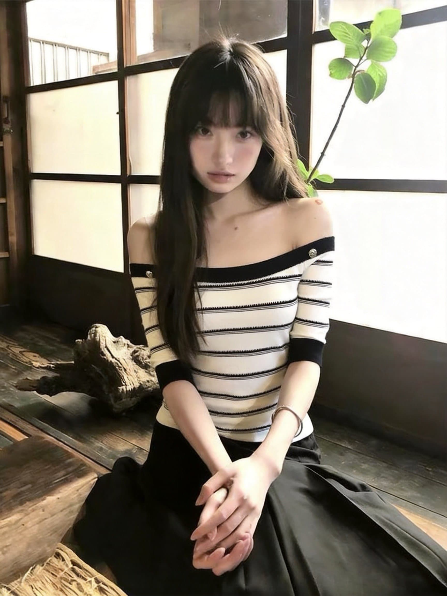 실사 여름 여성 오프숄더 스트라이프 한 부서 착용 가져 가라. 오프숄더 자이언트 잘 생긴 니트 스웨터 맨위 상세 이미지 10