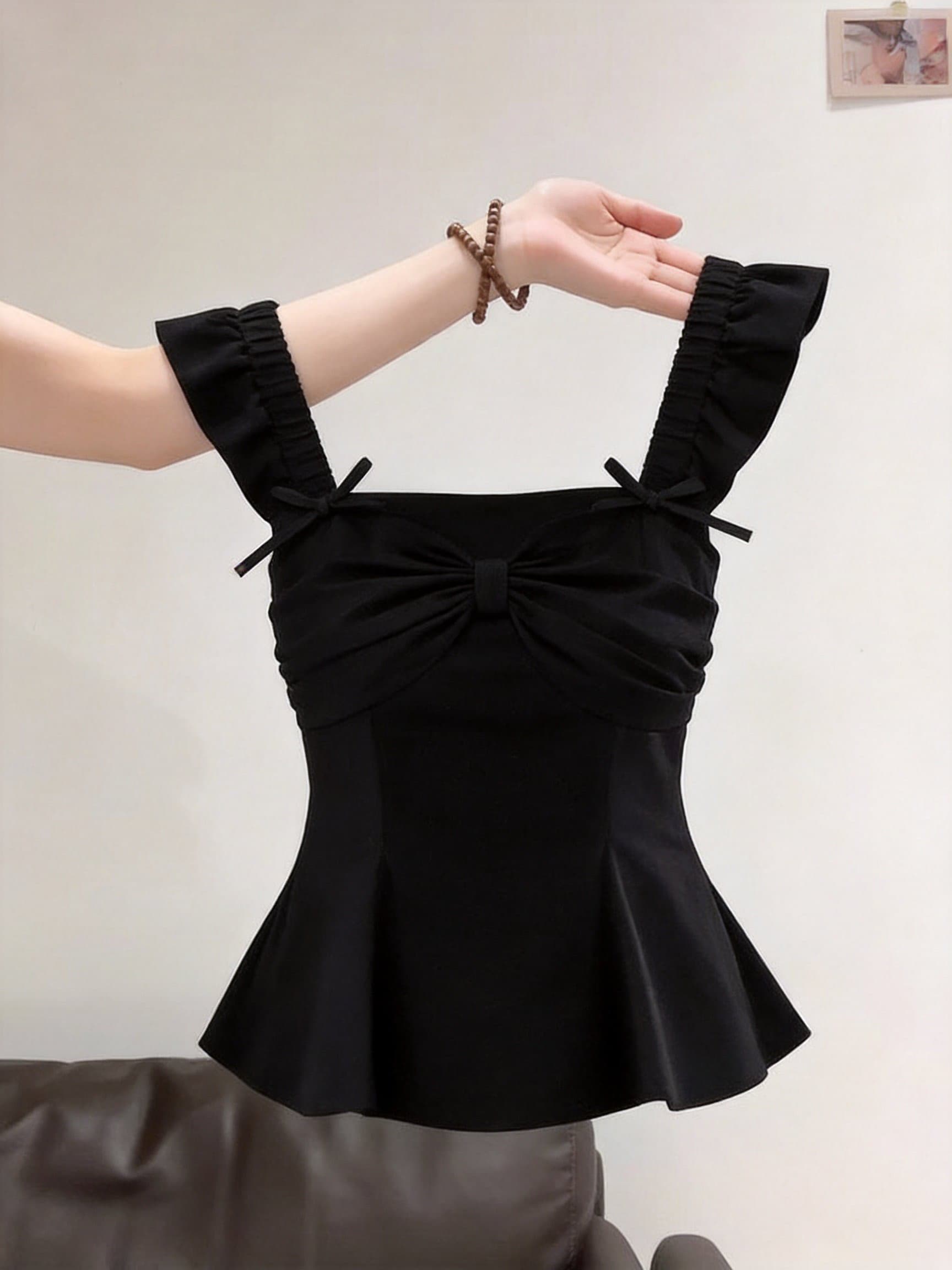 실사 여성 의류 여름 패치워크 망사 광장 칼라 고유 한 잘 생긴 연령 감소 몸매 가꾸기 외국 가스 나비 매듭 맨위