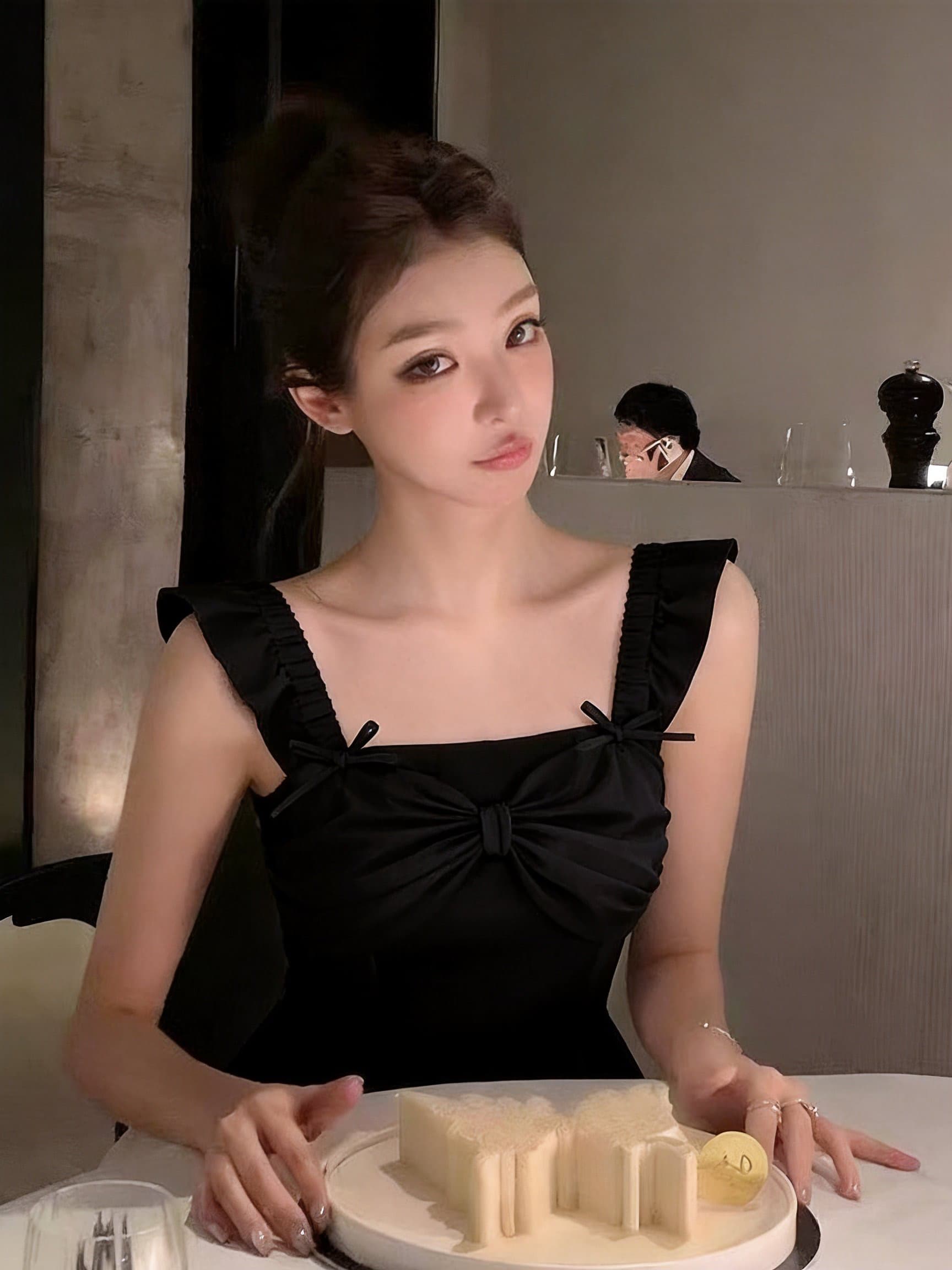 실사 여성 의류 여름 패치워크 망사 광장 칼라 고유 한 잘 생긴 연령 감소 몸매 가꾸기 외국 가스 나비 매듭 맨위 상세 이미지 3