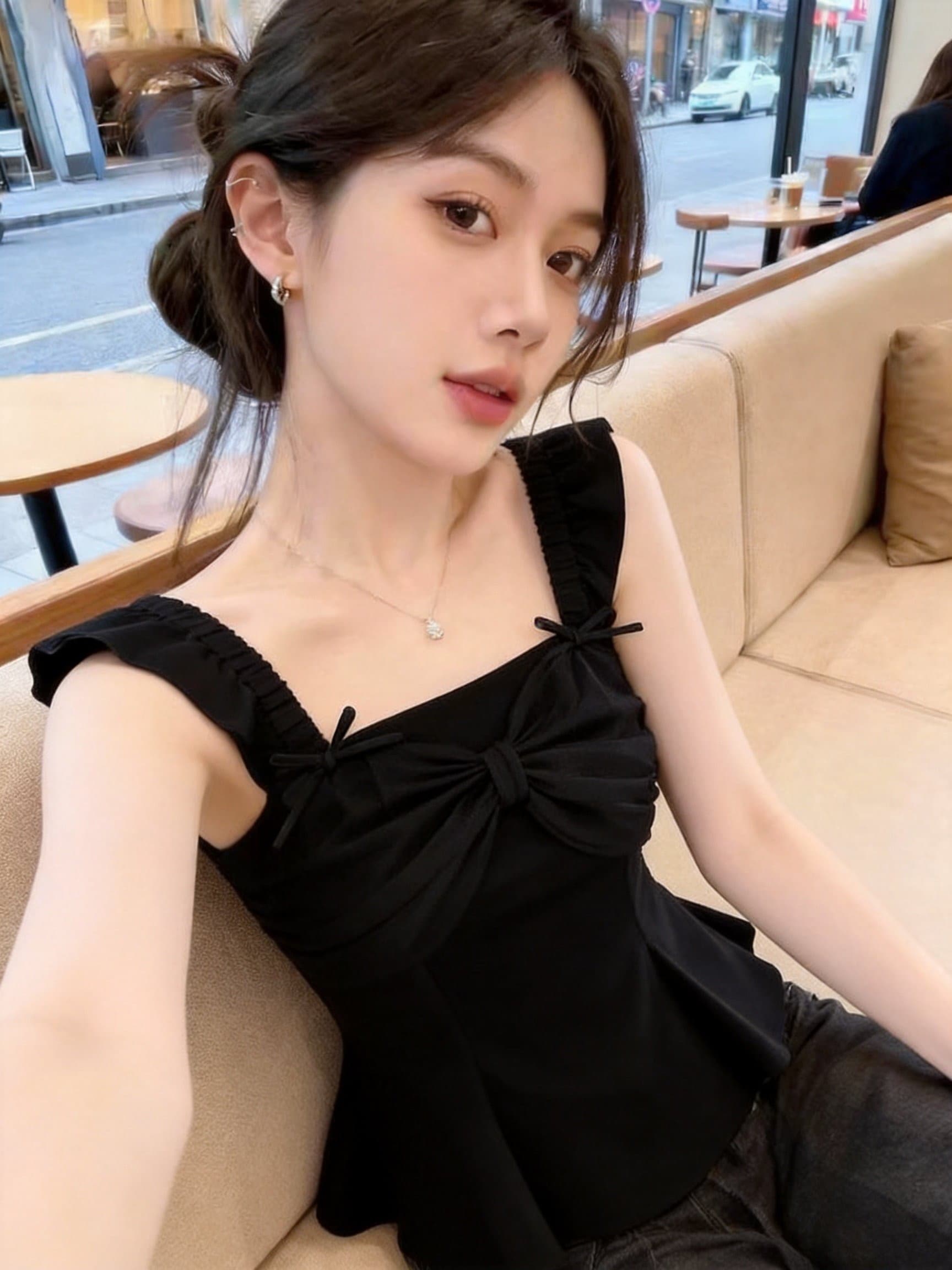 실사 여성 의류 여름 패치워크 망사 광장 칼라 고유 한 잘 생긴 연령 감소 몸매 가꾸기 외국 가스 나비 매듭 맨위 상세 이미지 4