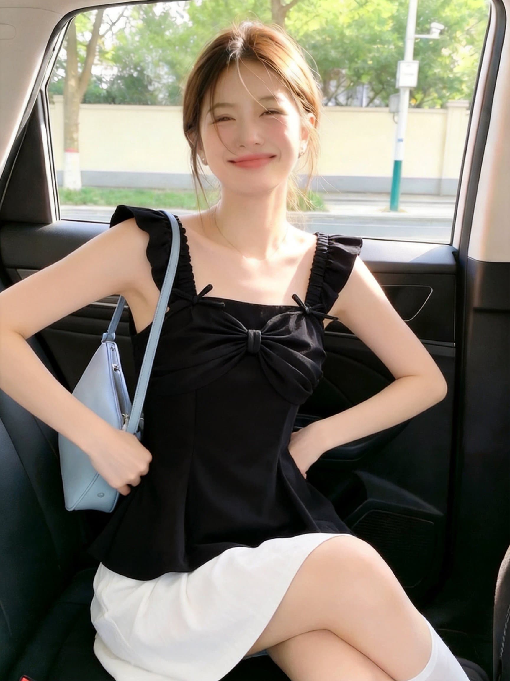 실사 여성 의류 여름 패치워크 망사 광장 칼라 고유 한 잘 생긴 연령 감소 몸매 가꾸기 외국 가스 나비 매듭 맨위 상세 이미지 12