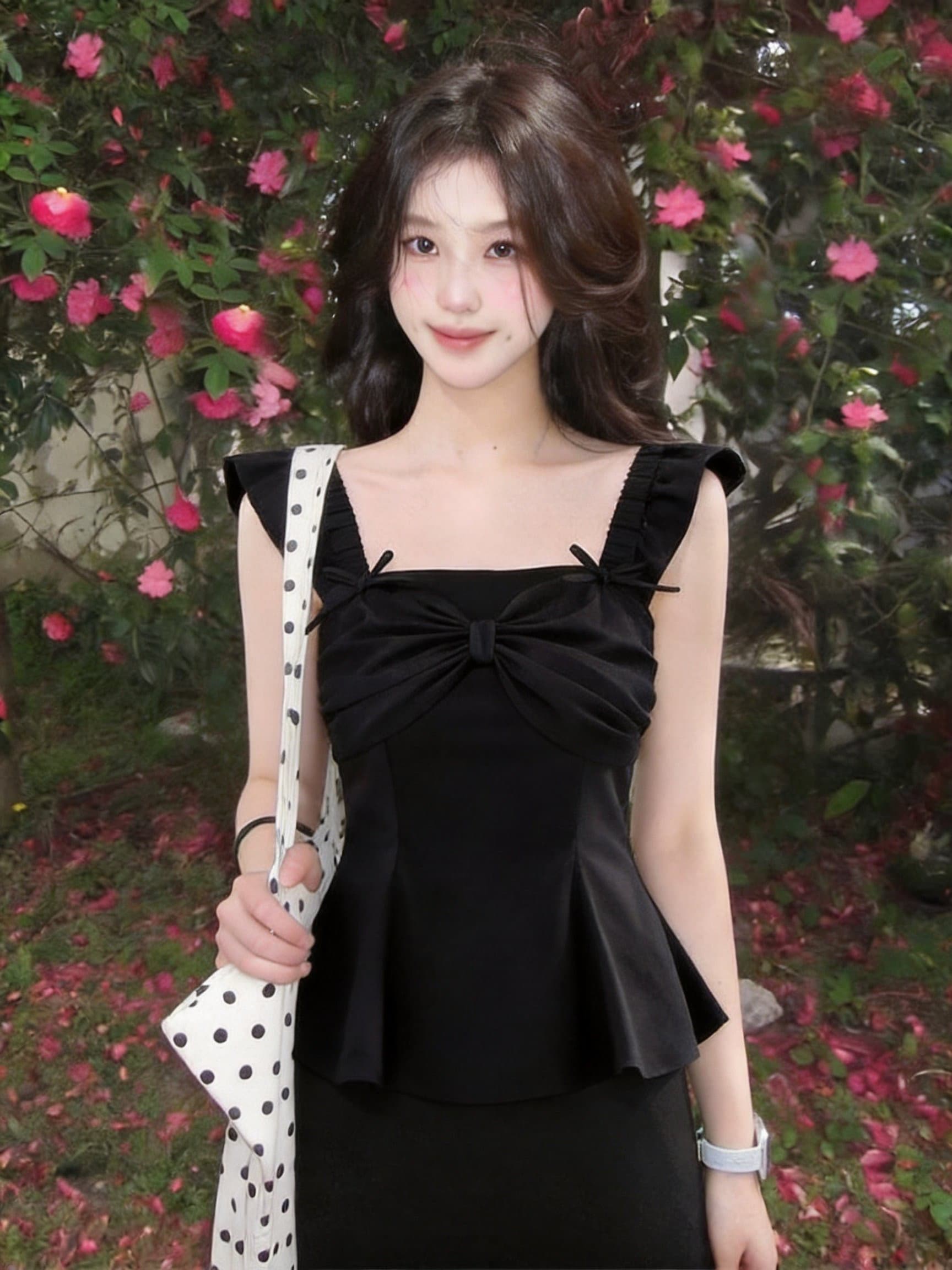 실사 여성 의류 여름 패치워크 망사 광장 칼라 고유 한 잘 생긴 연령 감소 몸매 가꾸기 외국 가스 나비 매듭 맨위 상세 이미지 13