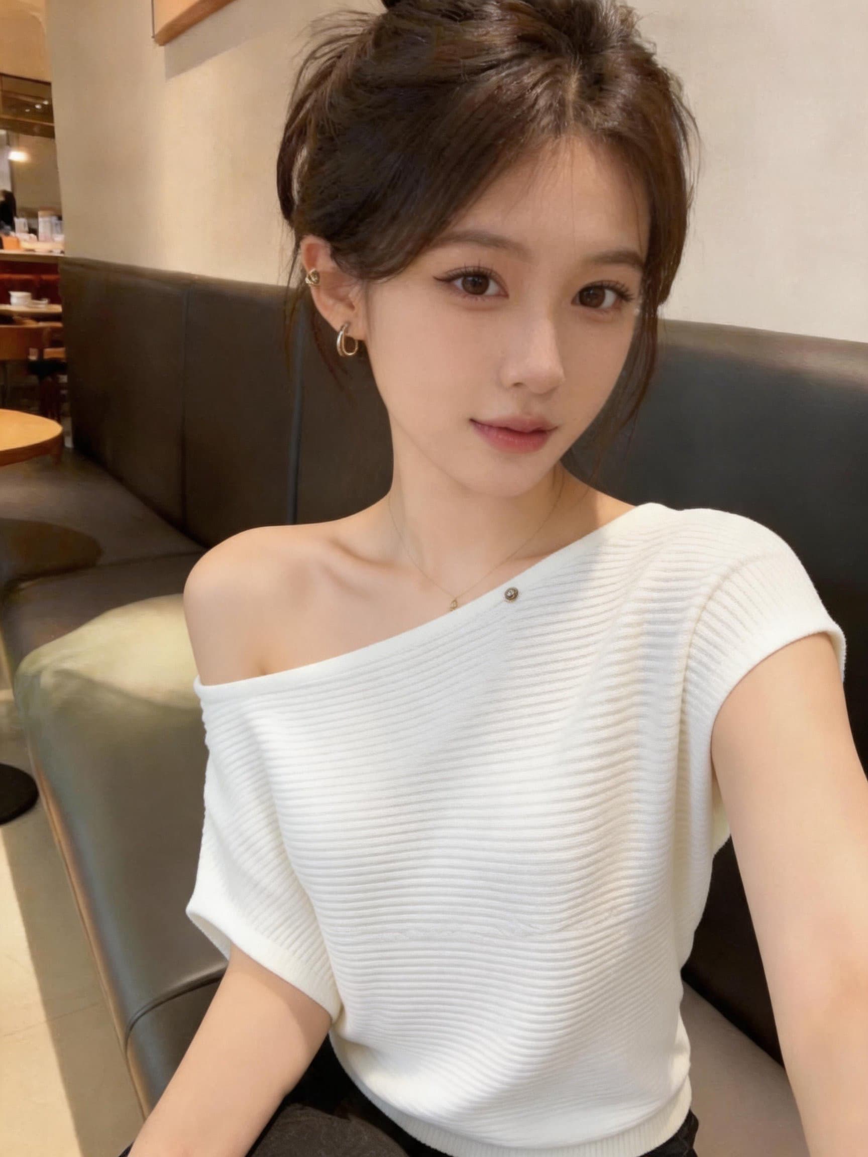 실사 미니멀리즘 바람 화이트 구덩이 기사 질감 센스 오프숄더 니트 스웨터 여성 여름 품격 캐주얼 반팔 맨위 상세 이미지 5