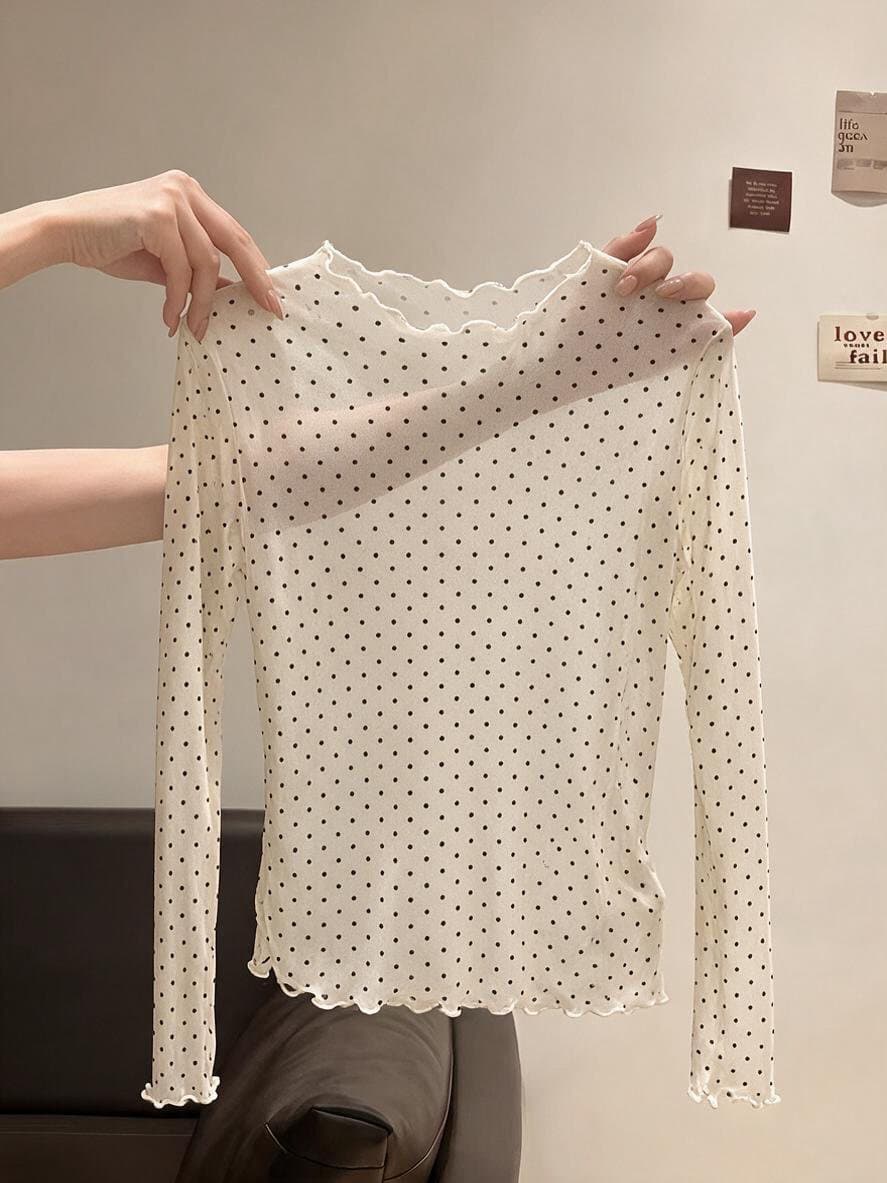 실사 이른 가을 새로운 프릴 도트 무늬 만나는 긴팔 한 부서 인사이드 잡아라. 의류 여성 이미지 2