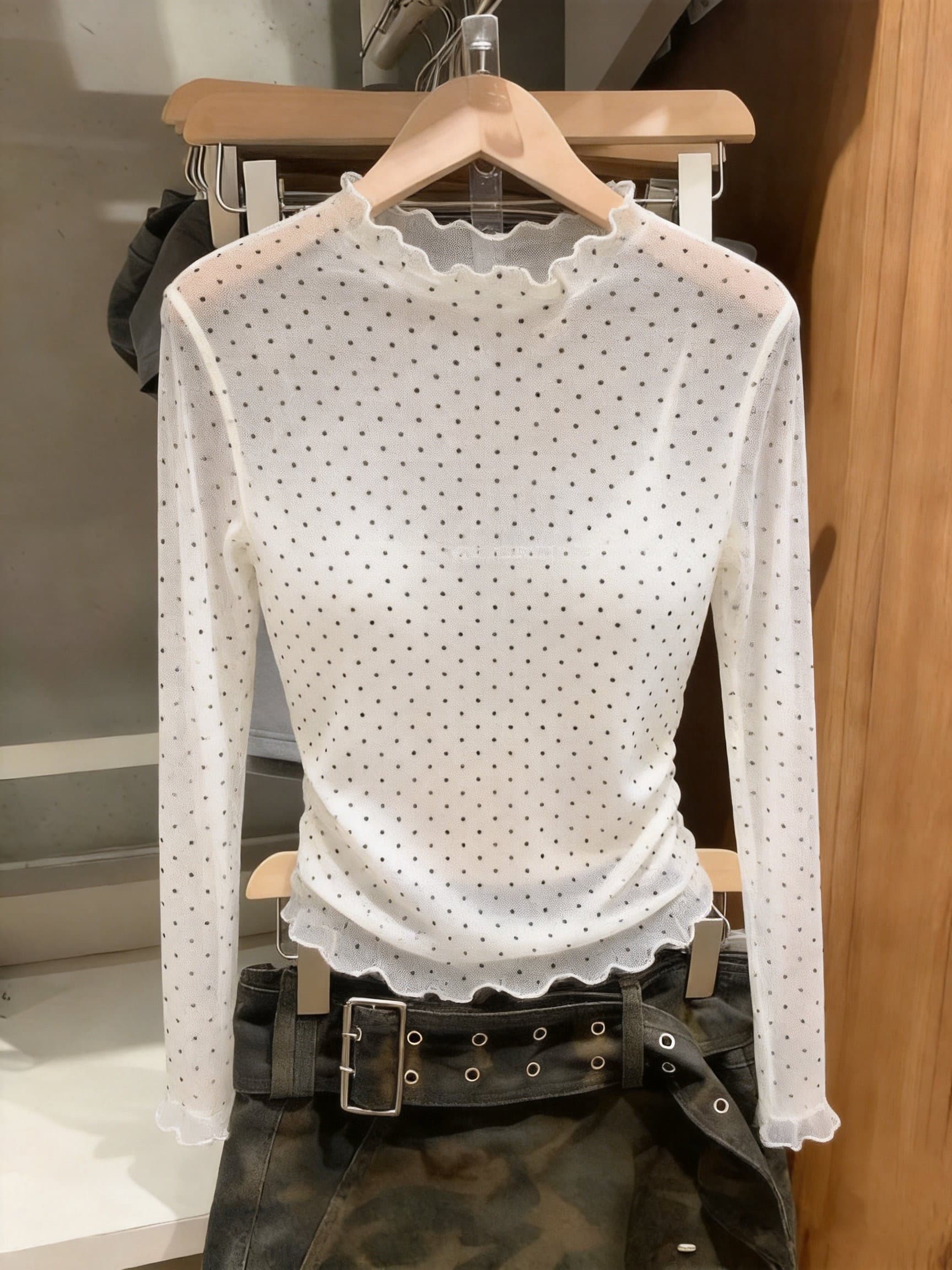 실사 이른 가을 새로운 프릴 도트 무늬 만나는 긴팔 한 부서 인사이드 잡아라. 의류 여성 상세 이미지 11