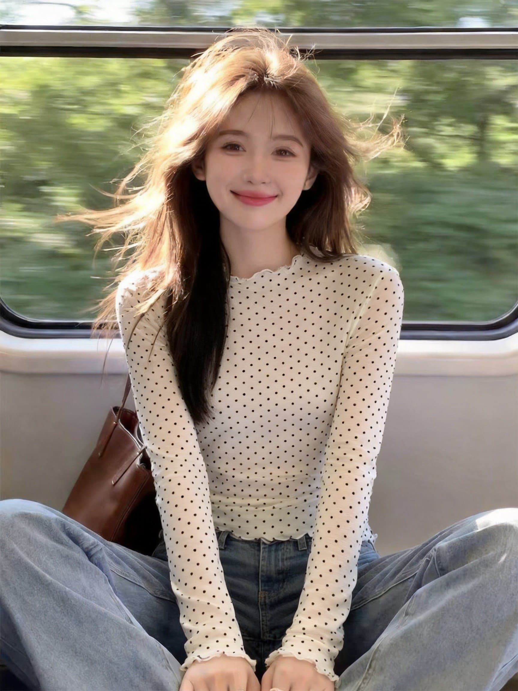 실사 이른 가을 새로운 프릴 도트 무늬 만나는 긴팔 한 부서 인사이드 잡아라. 의류 여성 상세 이미지 17