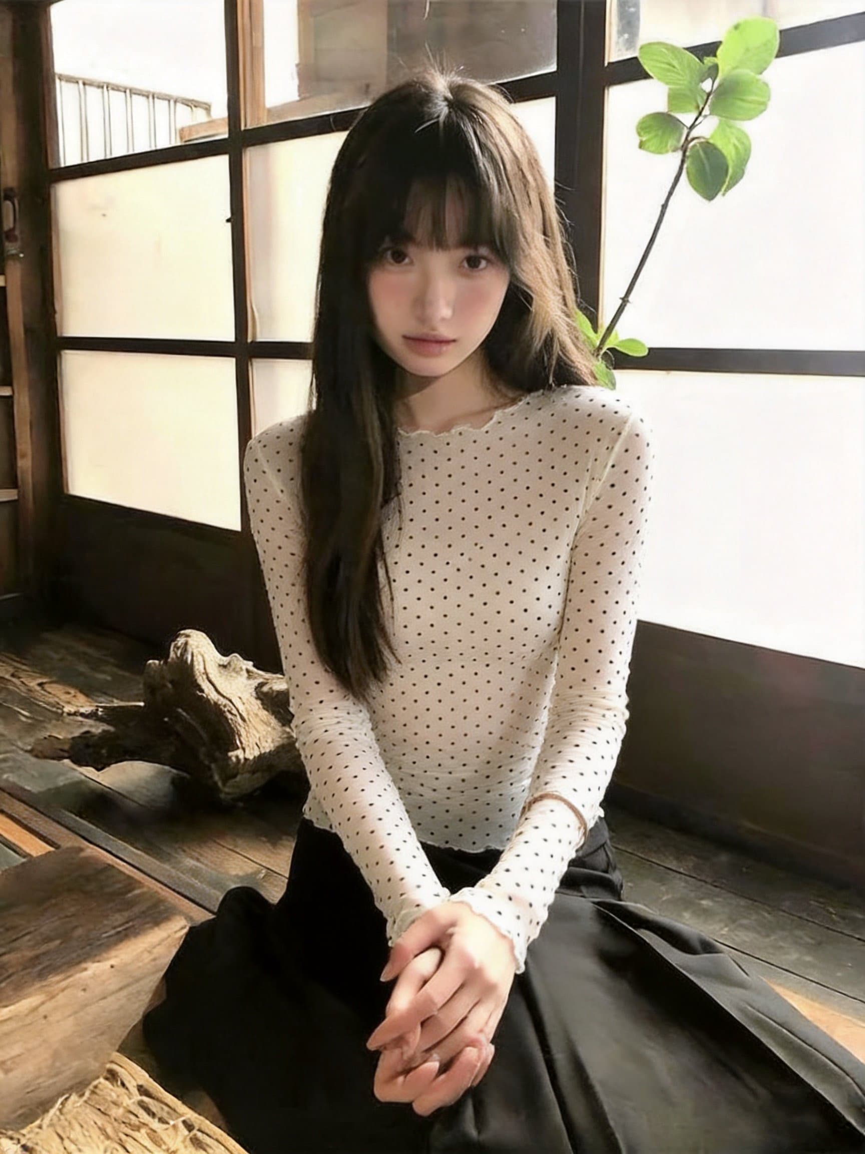 실사 이른 가을 새로운 프릴 도트 무늬 만나는 긴팔 한 부서 인사이드 잡아라. 의류 여성 상세 이미지 18