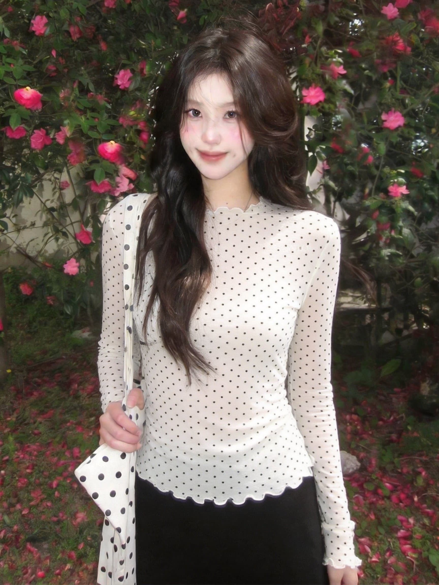 실사 이른 가을 새로운 프릴 도트 무늬 만나는 긴팔 한 부서 인사이드 잡아라. 의류 여성 상세 이미지 19