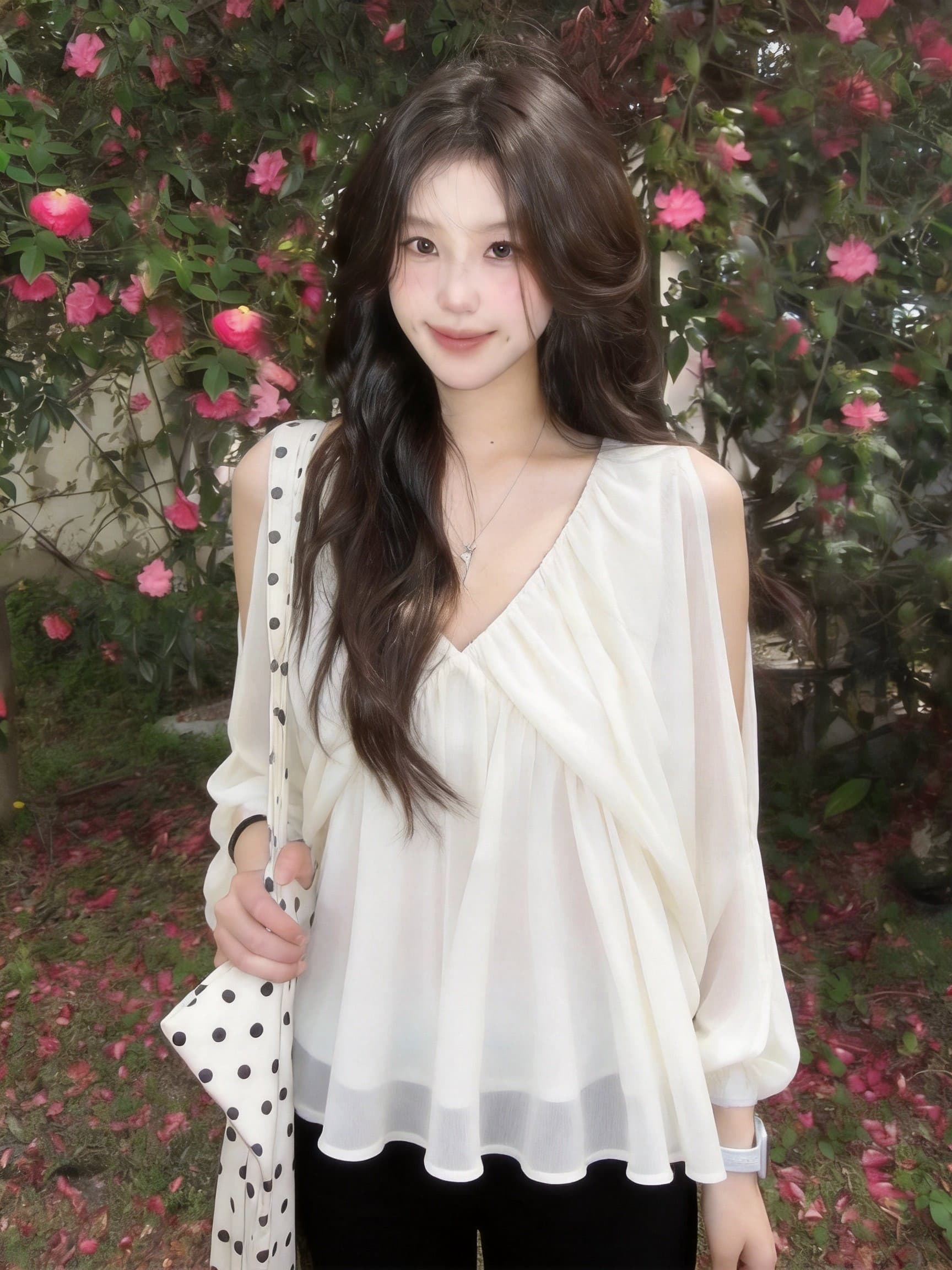 실사 프랑스식 부드러운 바람 쌀 살구 색상 V넥 오프숄더 쉬폰 블라우스 새로운 루즈핏 슬림해 보이는 우아한 분위기 센스 맨위 상세 이미지 3