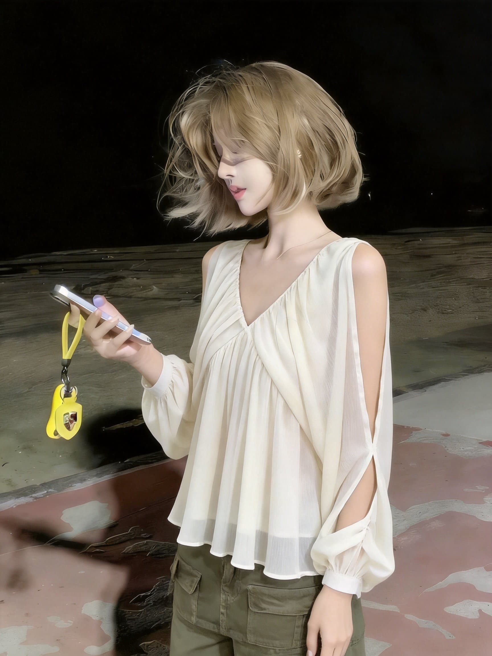 실사 프랑스식 부드러운 바람 쌀 살구 색상 V넥 오프숄더 쉬폰 블라우스 새로운 루즈핏 슬림해 보이는 우아한 분위기 센스 맨위 상세 이미지 4