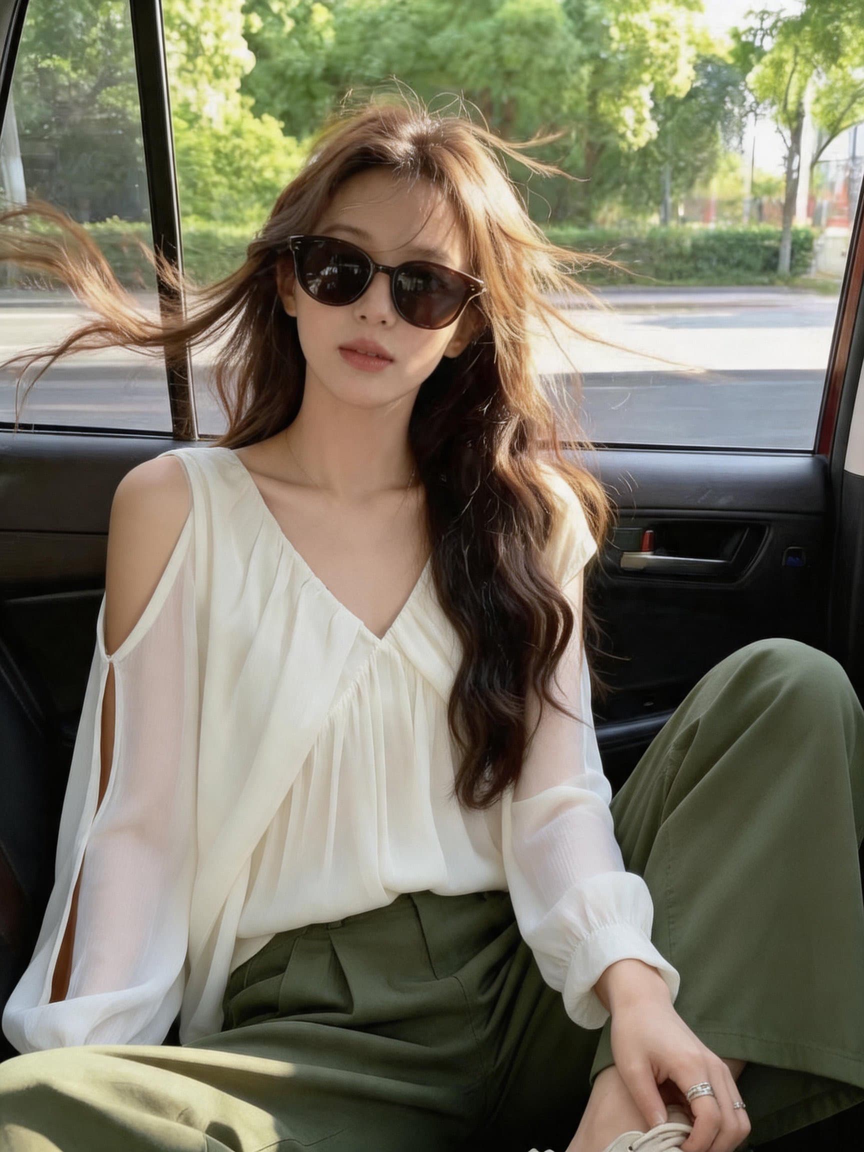 실사 프랑스식 부드러운 바람 쌀 살구 색상 V넥 오프숄더 쉬폰 블라우스 새로운 루즈핏 슬림해 보이는 우아한 분위기 센스 맨위 상세 이미지 7