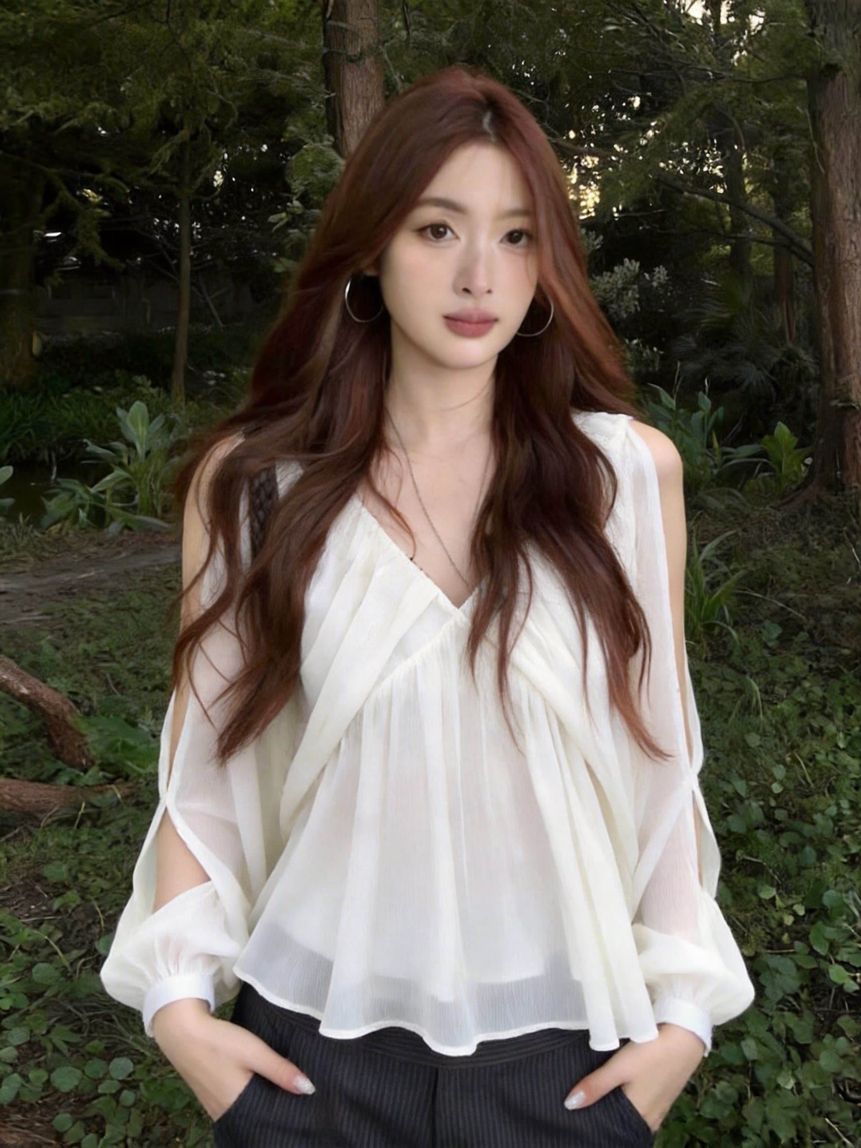 실사 프랑스식 부드러운 바람 쌀 살구 색상 V넥 오프숄더 쉬폰 블라우스 새로운 루즈핏 슬림해 보이는 우아한 분위기 센스 맨위 상세 이미지 8