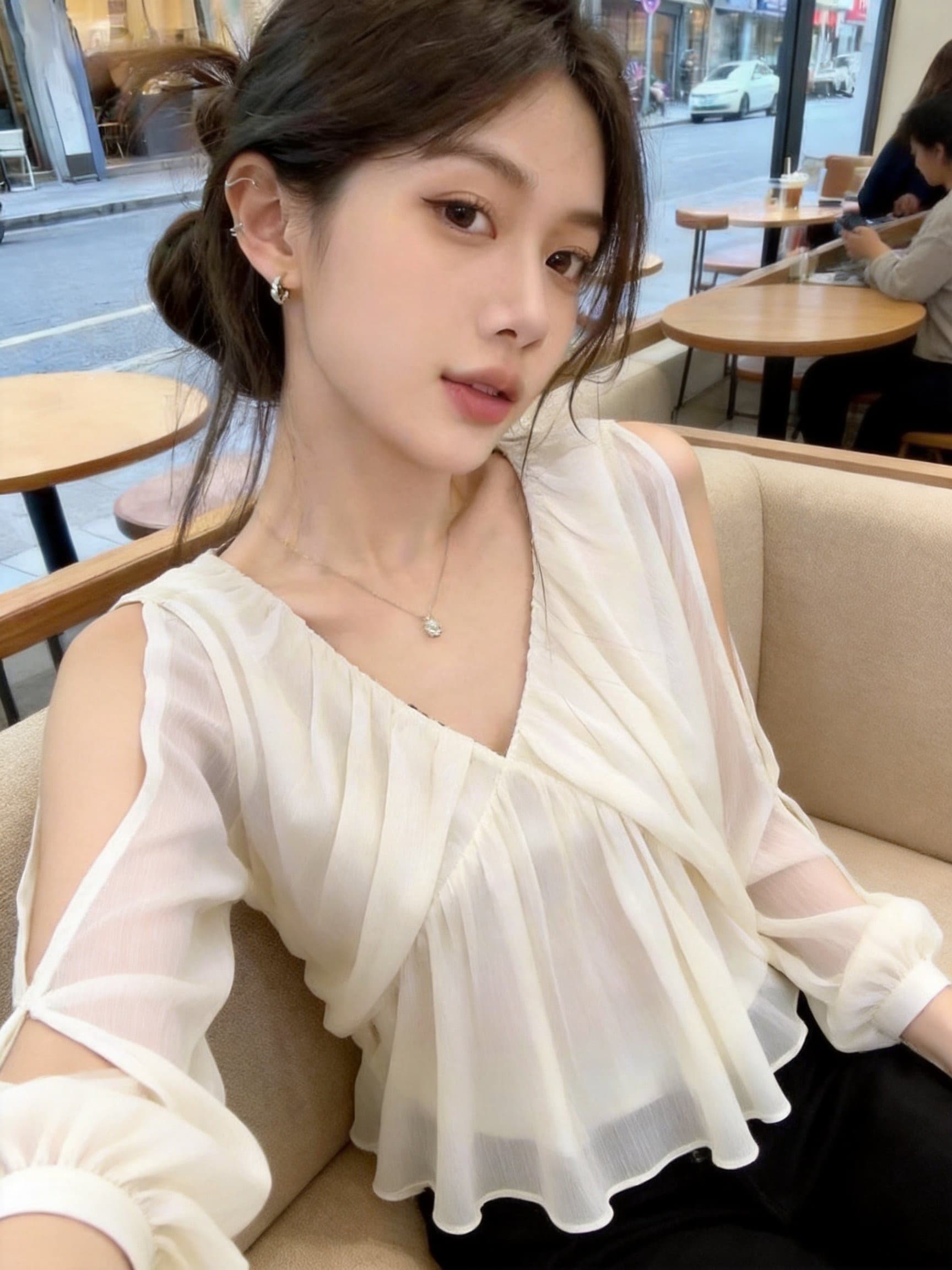 실사 프랑스식 부드러운 바람 쌀 살구 색상 V넥 오프숄더 쉬폰 블라우스 새로운 루즈핏 슬림해 보이는 우아한 분위기 센스 맨위 상세 이미지 13