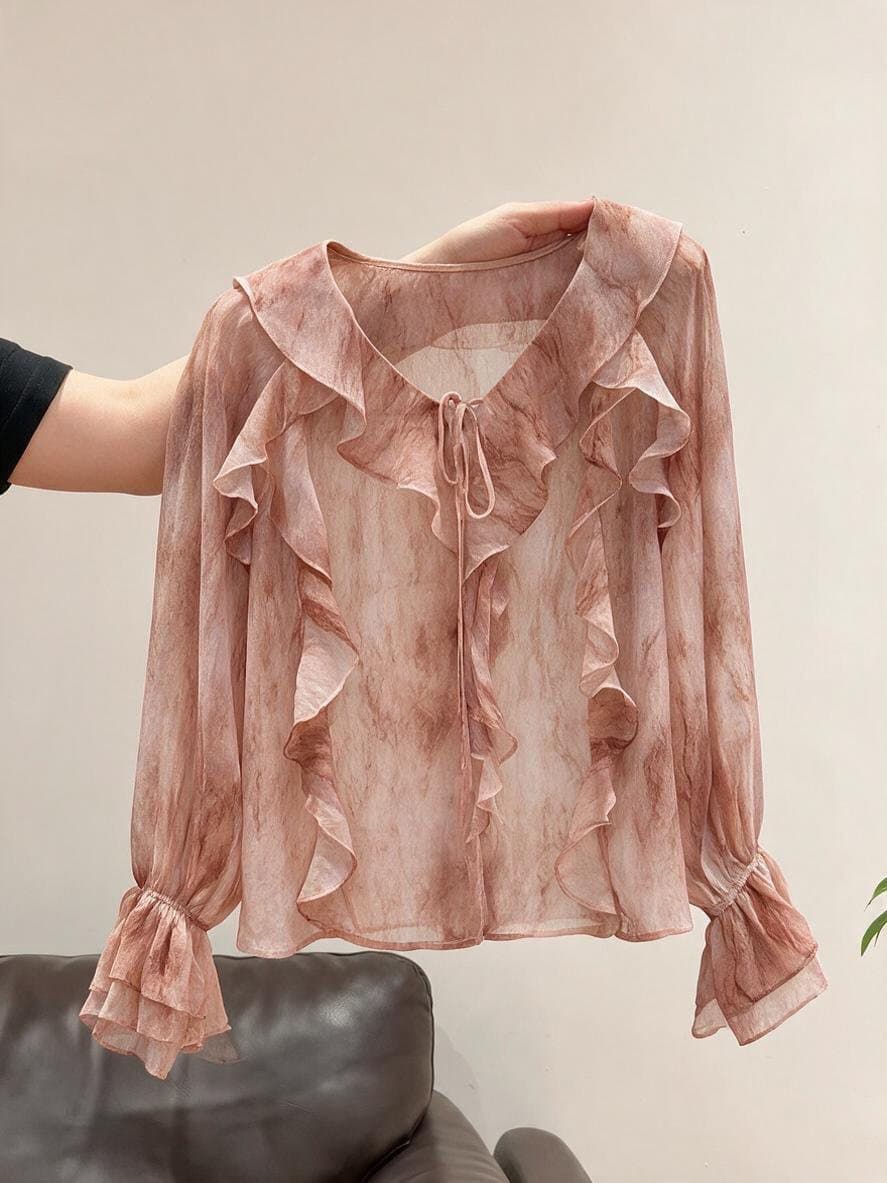 실사 이른 가을 새로운 프랑스식 부드러운 바람 V넥 레이스업 긴팔 셔츠 디자인 센스 슬림해 보이는 품격 쉬폰 톱 이미지 3