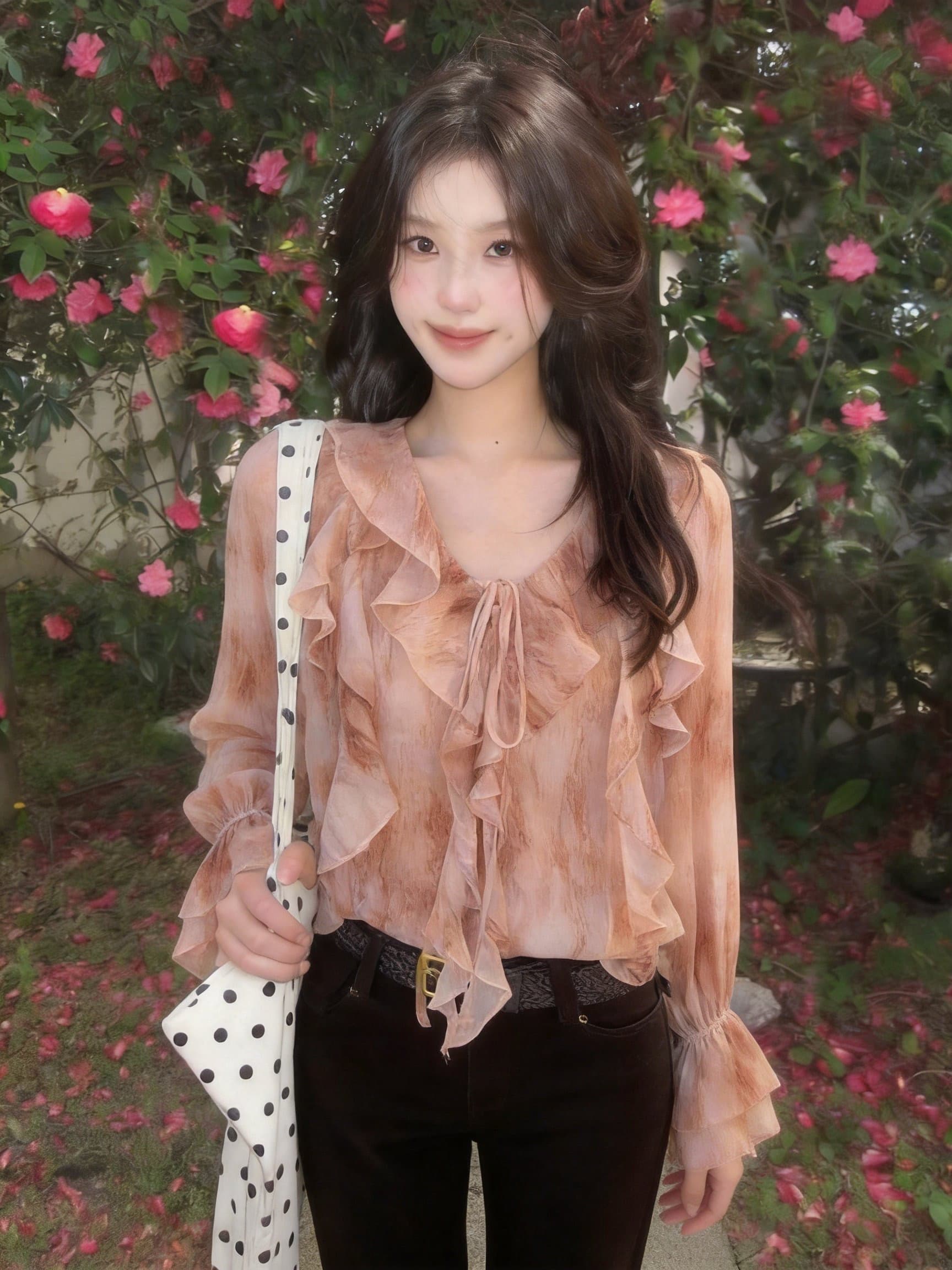 실사 이른 가을 새로운 프랑스식 부드러운 바람 V넥 레이스업 긴팔 셔츠 디자인 센스 슬림해 보이는 품격 쉬폰 톱 상세 이미지 9
