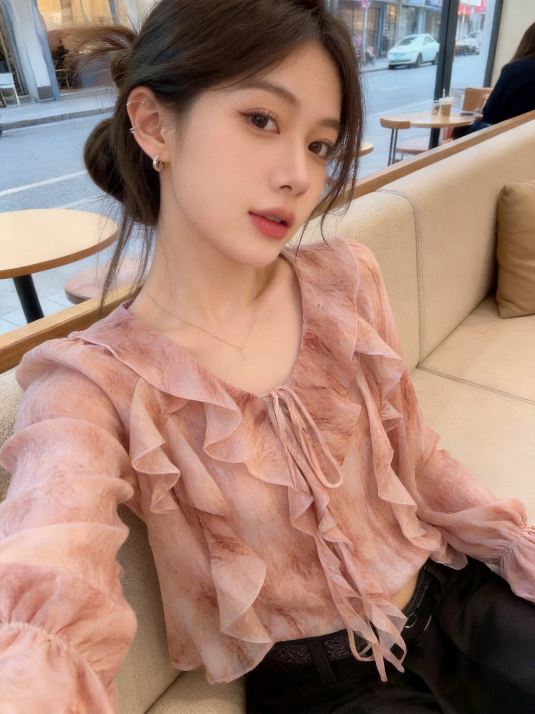 실사 이른 가을 새로운 프랑스식 부드러운 바람 V넥 레이스업 긴팔 셔츠 디자인 센스 슬림해 보이는 품격 쉬폰 톱 상세 이미지 12