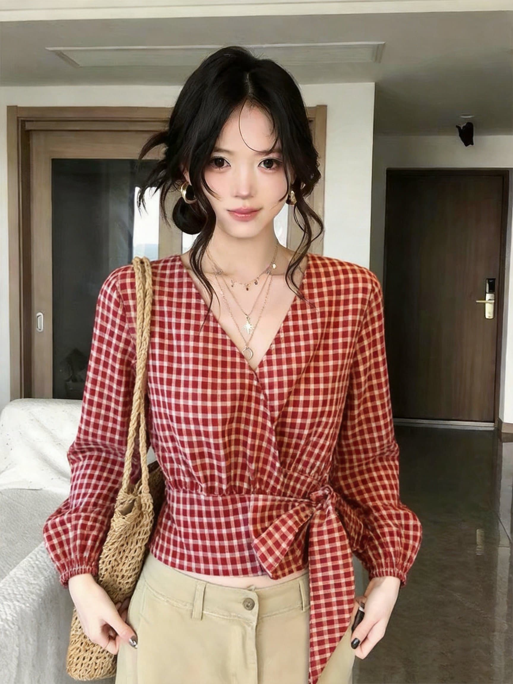실사 빨간색 십자가 V넥 체크무늬 반팔 여성 셔츠 가을 허리 수축 표지 배 레트로 항구 바람 착용 잡아라. 의류 상세 이미지 13