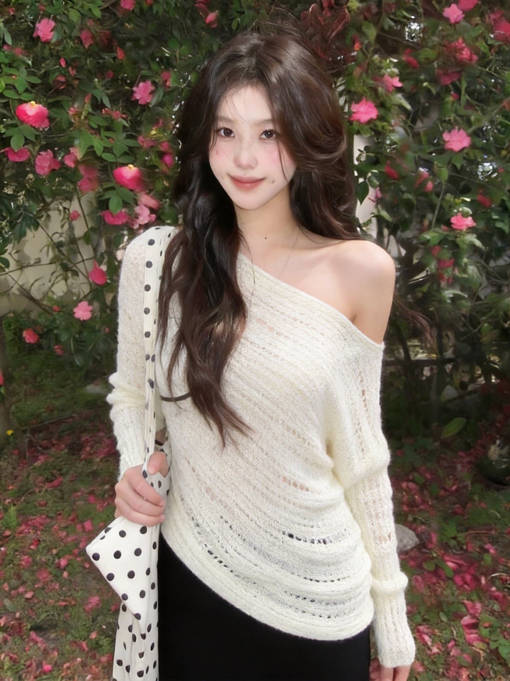 실사 아름다운 비스듬한 어깨 긴팔 니트 스웨터 여성 조기 가을 스웨터 인사이드 가져 가라. 느긋한 품격 오프숄더 배트윙 소매 맨위 상세 이미지 14