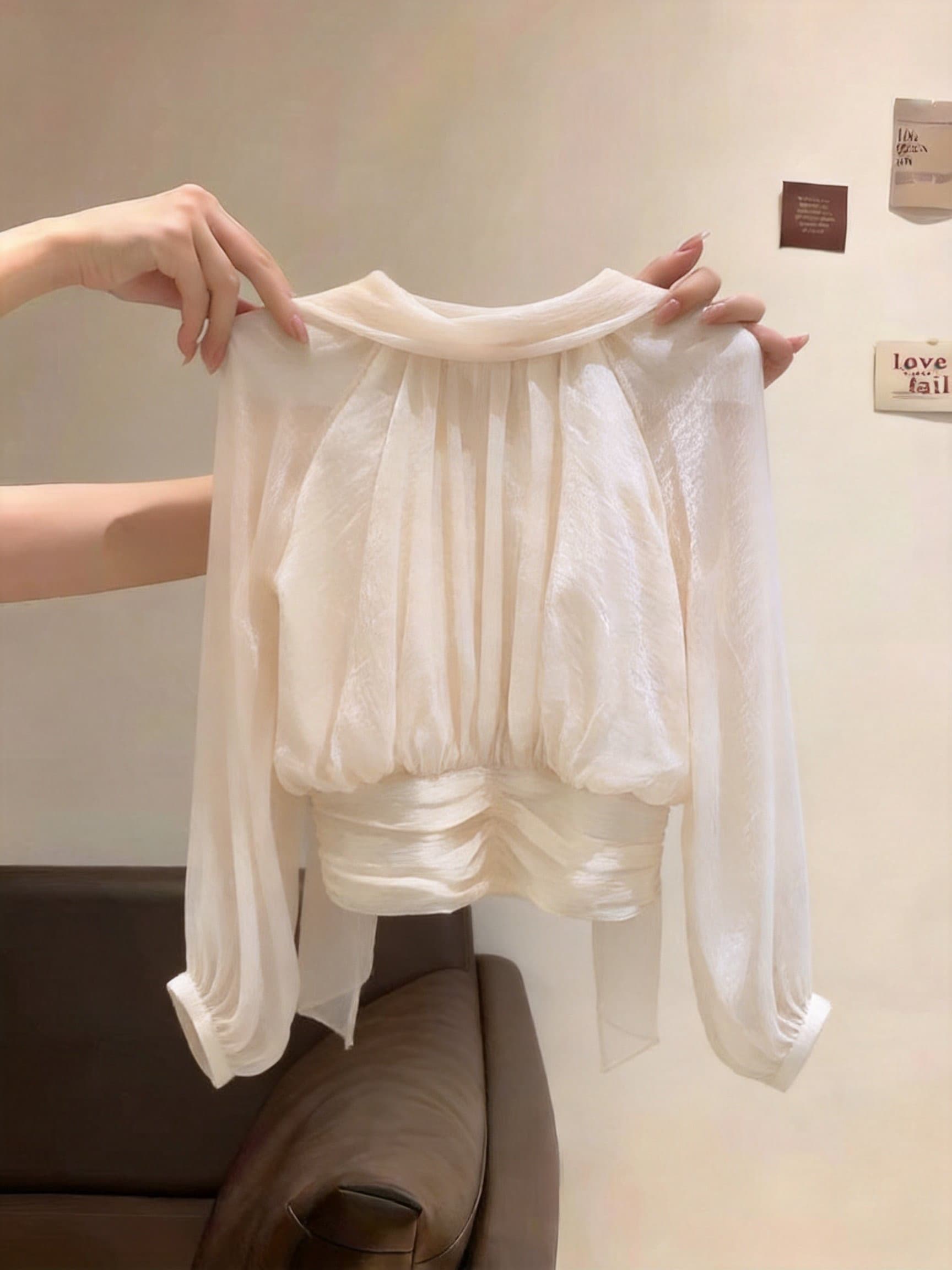 실사 이른 가을 프랑스식 흔들다 칼라 구슬 빛 실 긴팔 맨위 여성 한 단어 폴로 칼라 주름 허리 수축 쇼트 스타일 요정 가스 마이크로 이미지 4