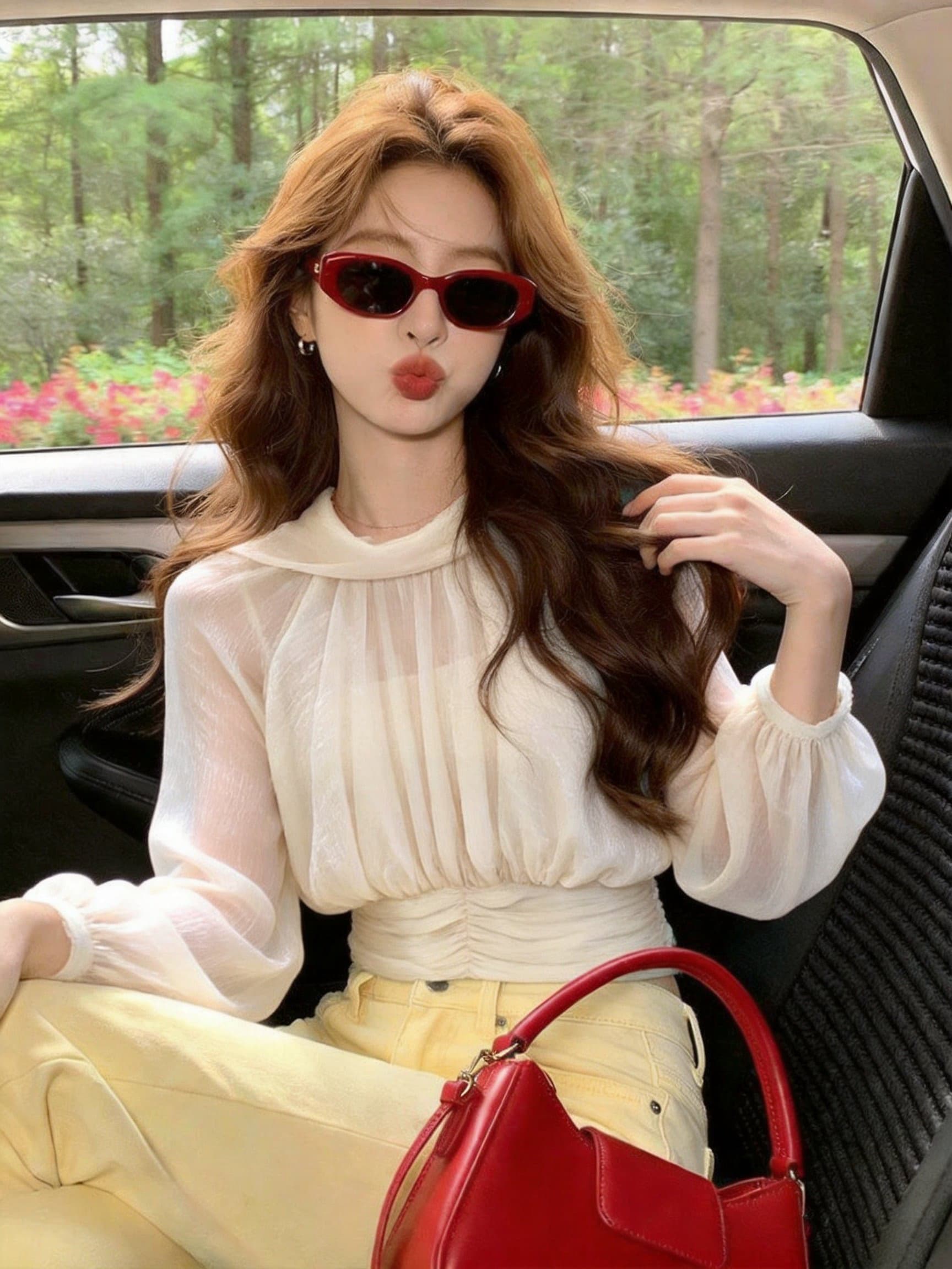 실사 이른 가을 프랑스식 흔들다 칼라 구슬 빛 실 긴팔 맨위 여성 한 단어 폴로 칼라 주름 허리 수축 쇼트 스타일 요정 가스 마이크로 상세 이미지 8