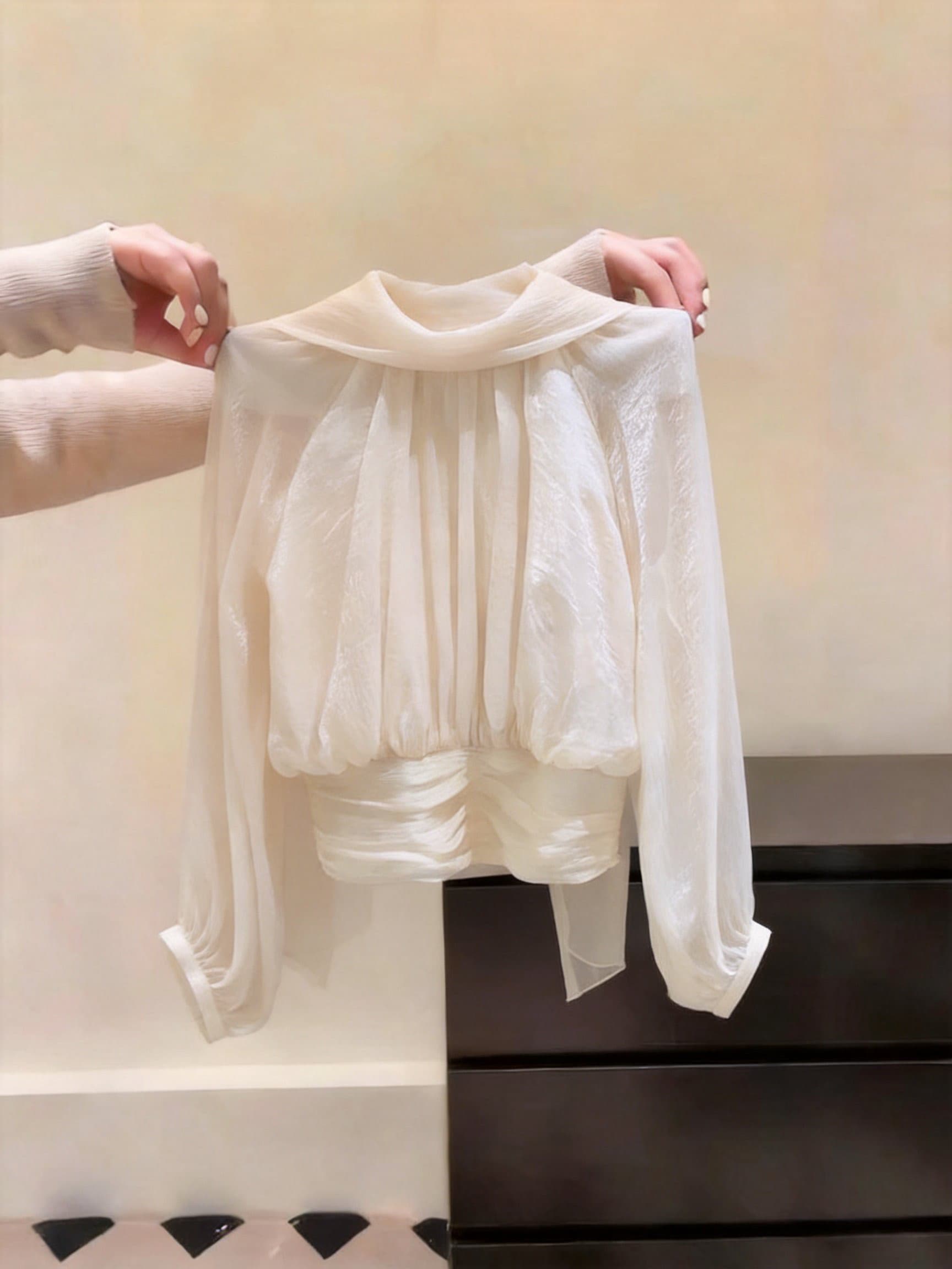실사 이른 가을 프랑스식 흔들다 칼라 구슬 빛 실 긴팔 맨위 여성 한 단어 폴로 칼라 주름 허리 수축 쇼트 스타일 요정 가스 마이크로 상세 이미지 11