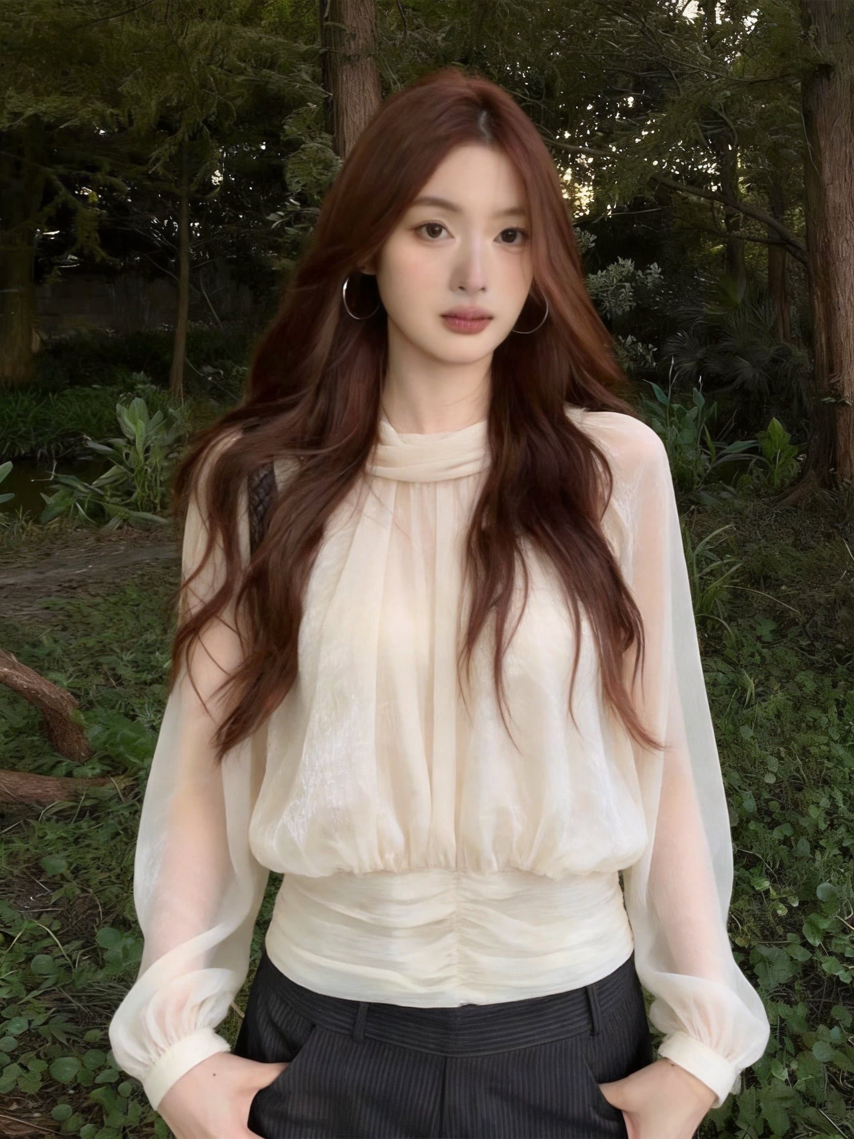 실사 이른 가을 프랑스식 흔들다 칼라 구슬 빛 실 긴팔 맨위 여성 한 단어 폴로 칼라 주름 허리 수축 쇼트 스타일 요정 가스 마이크로 상세 이미지 13