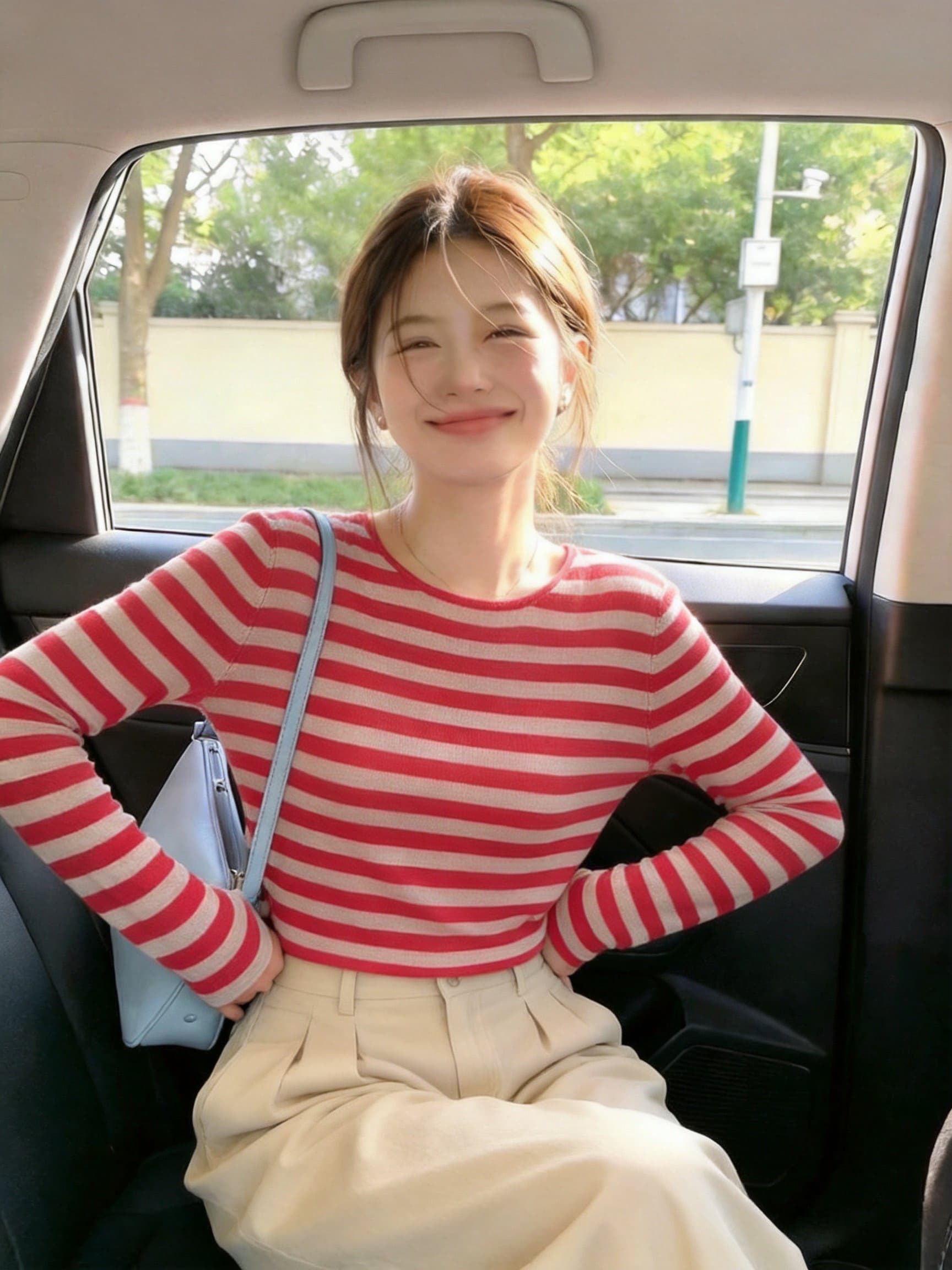 실사 이른 가을 스트라이프 쇼트 스타일 니트 기본 셔츠 여성 라운드 넥 몸매 가꾸기 슬림해 보이는 긴팔 얇은 스타일 핫걸 짧은 상세 이미지 6