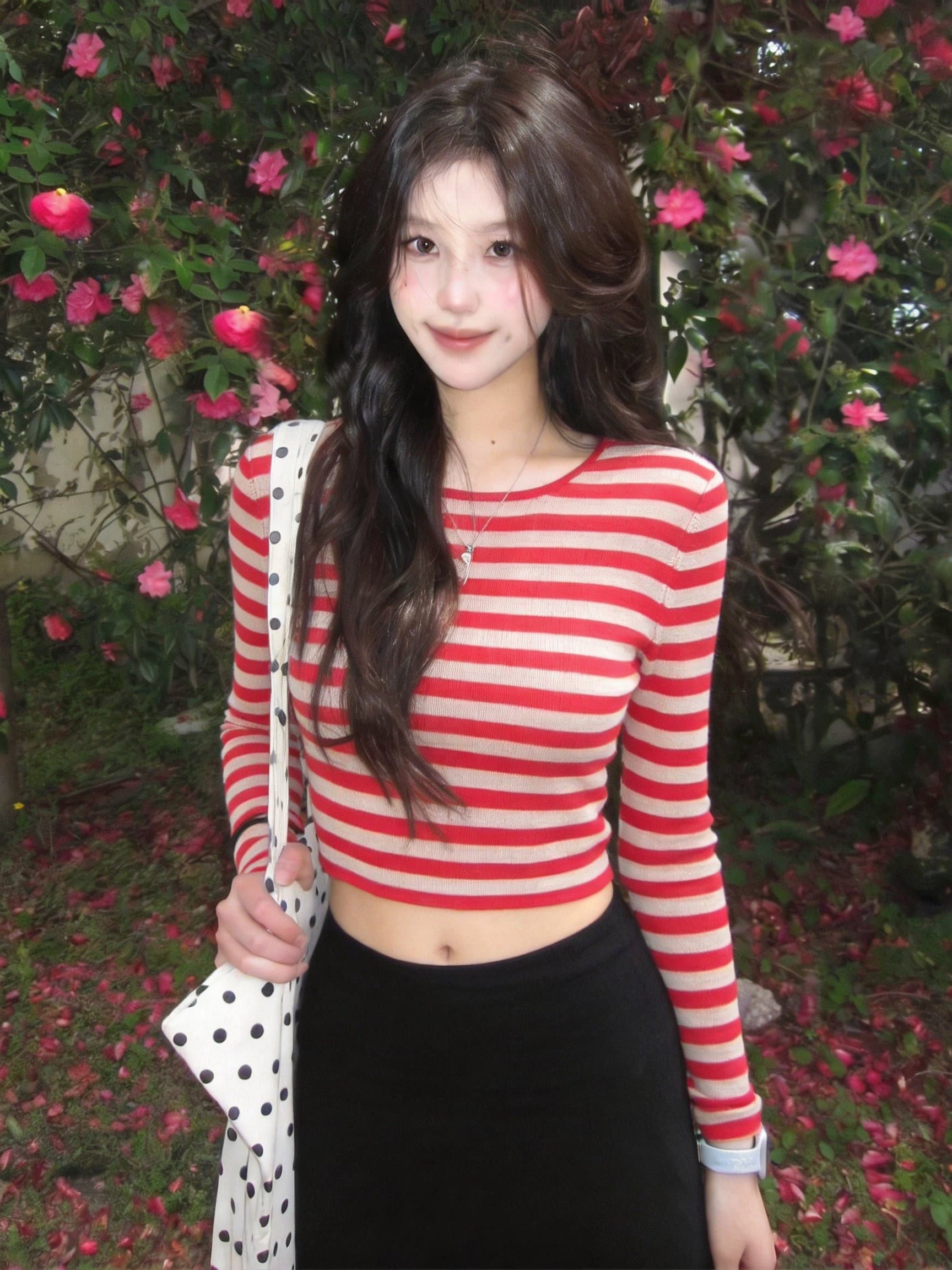 실사 이른 가을 스트라이프 쇼트 스타일 니트 기본 셔츠 여성 라운드 넥 몸매 가꾸기 슬림해 보이는 긴팔 얇은 스타일 핫걸 짧은 상세 이미지 12