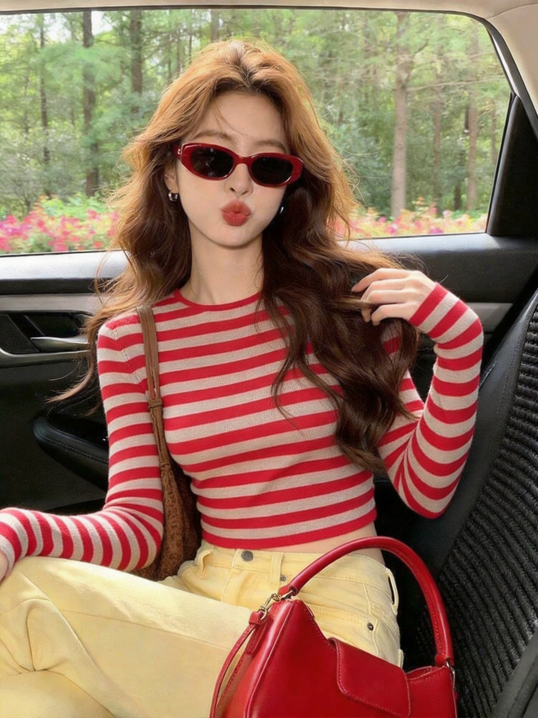 실사 이른 가을 스트라이프 쇼트 스타일 니트 기본 셔츠 여성 라운드 넥 몸매 가꾸기 슬림해 보이는 긴팔 얇은 스타일 핫걸 짧은 상세 이미지 14