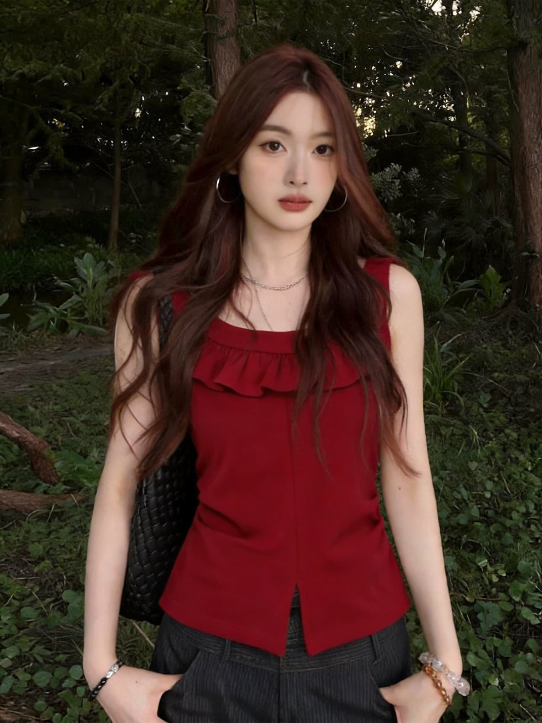 실사 프랑스식 프릴 작은 날다 소매 디자인 센스 외국 가스 프릴 순수한 욕망 허리 수축 트임 작은 날다 소매 티셔츠 상세 이미지 24