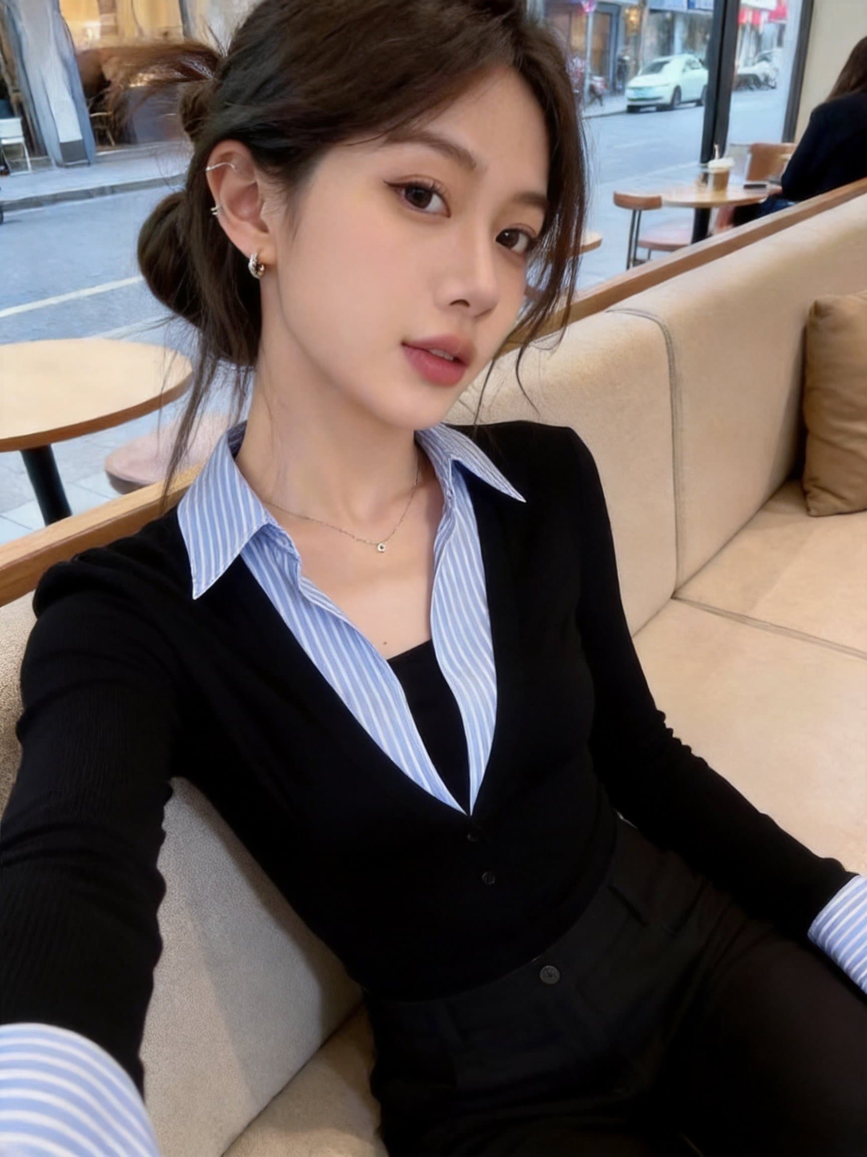 실사 고급 센스 페이크 레이어드 패치워크 POLO 칼라 긴팔 셔츠 가을 겨울 새로운 프랑스식 품격 세련된 맨위 여성 이미지 4