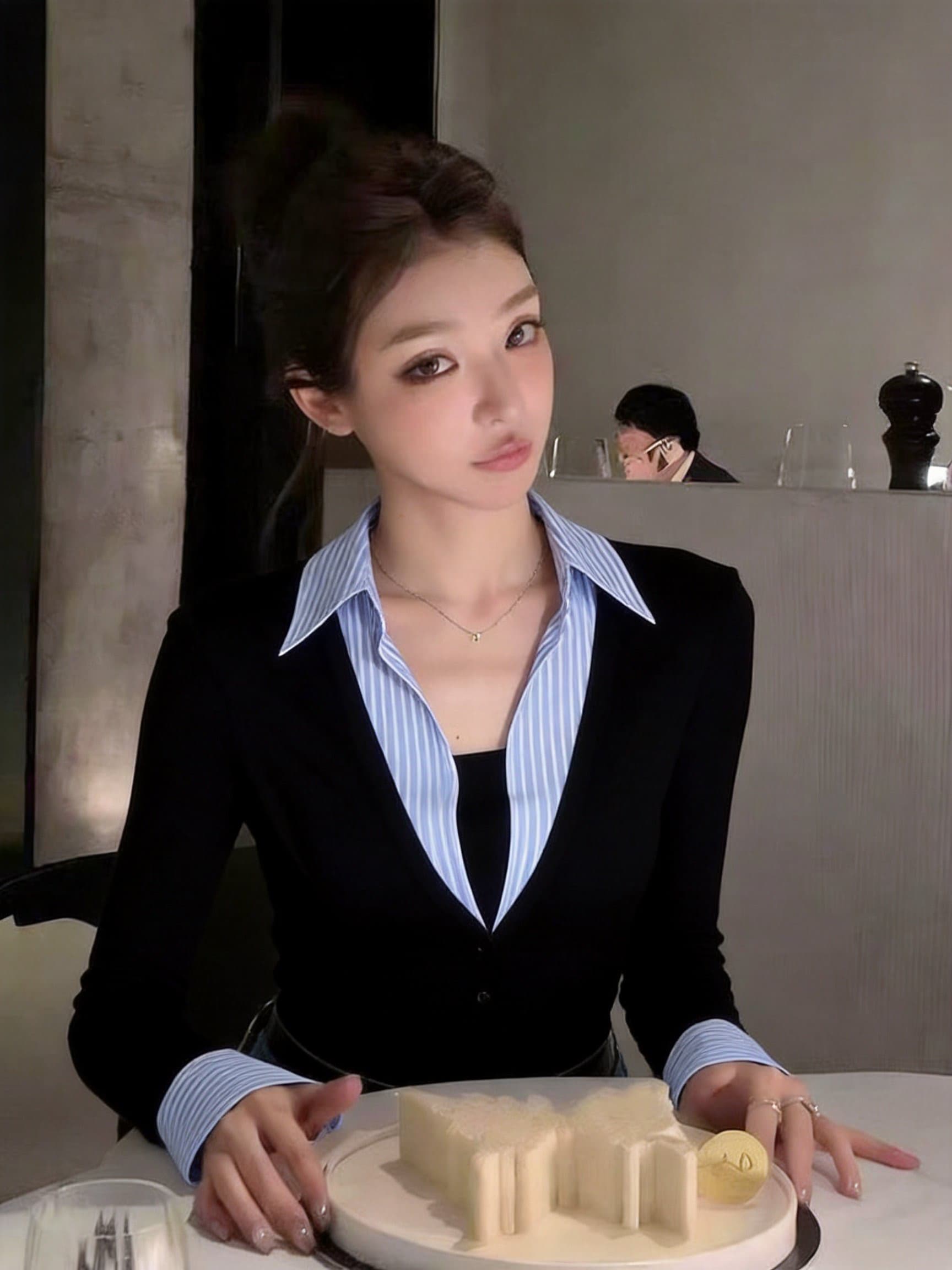 실사 고급 센스 페이크 레이어드 패치워크 POLO 칼라 긴팔 셔츠 가을 겨울 새로운 프랑스식 품격 세련된 맨위 여성 상세 이미지 9