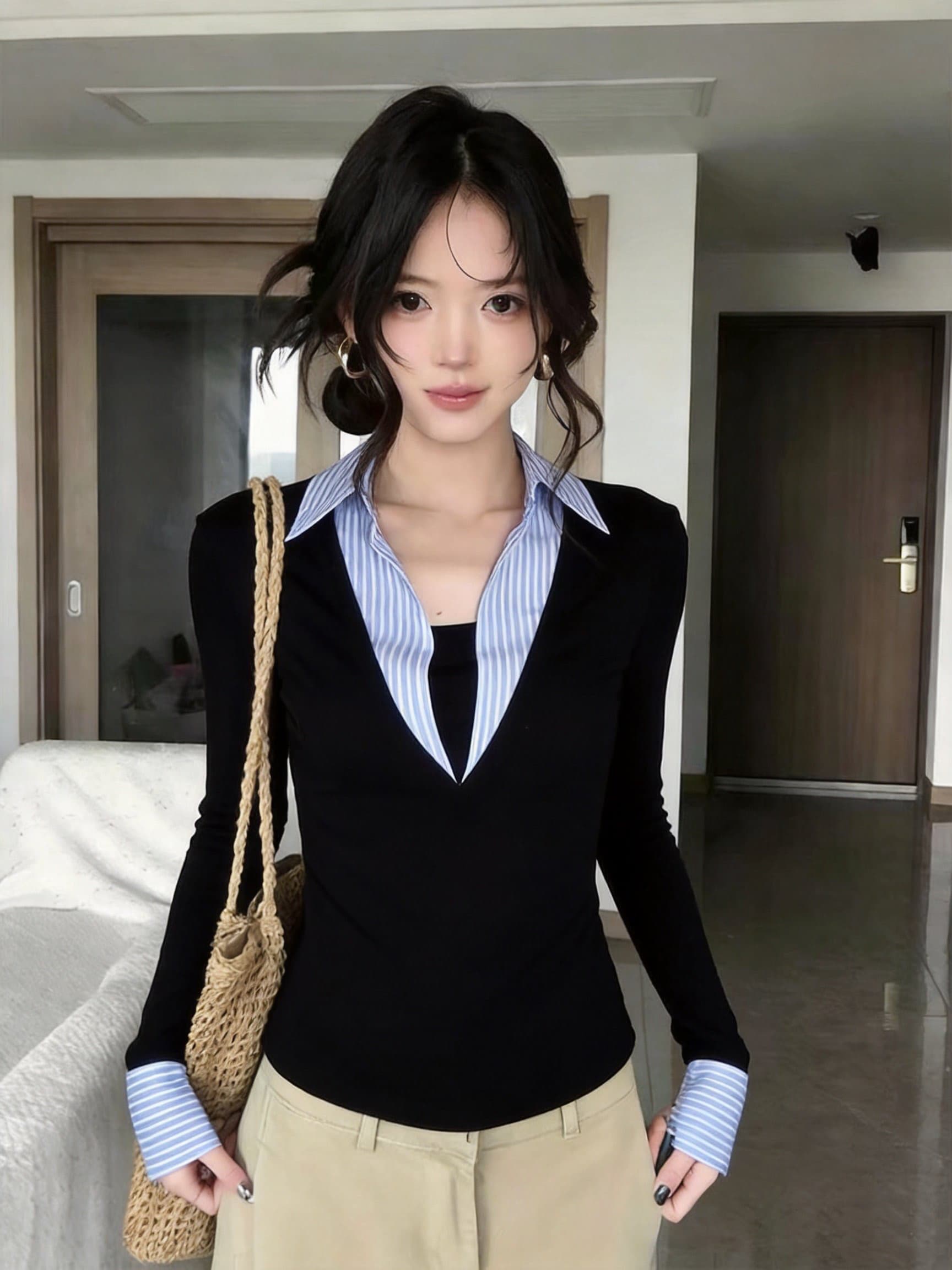 실사 고급 센스 페이크 레이어드 패치워크 POLO 칼라 긴팔 셔츠 가을 겨울 새로운 프랑스식 품격 세련된 맨위 여성 상세 이미지 13