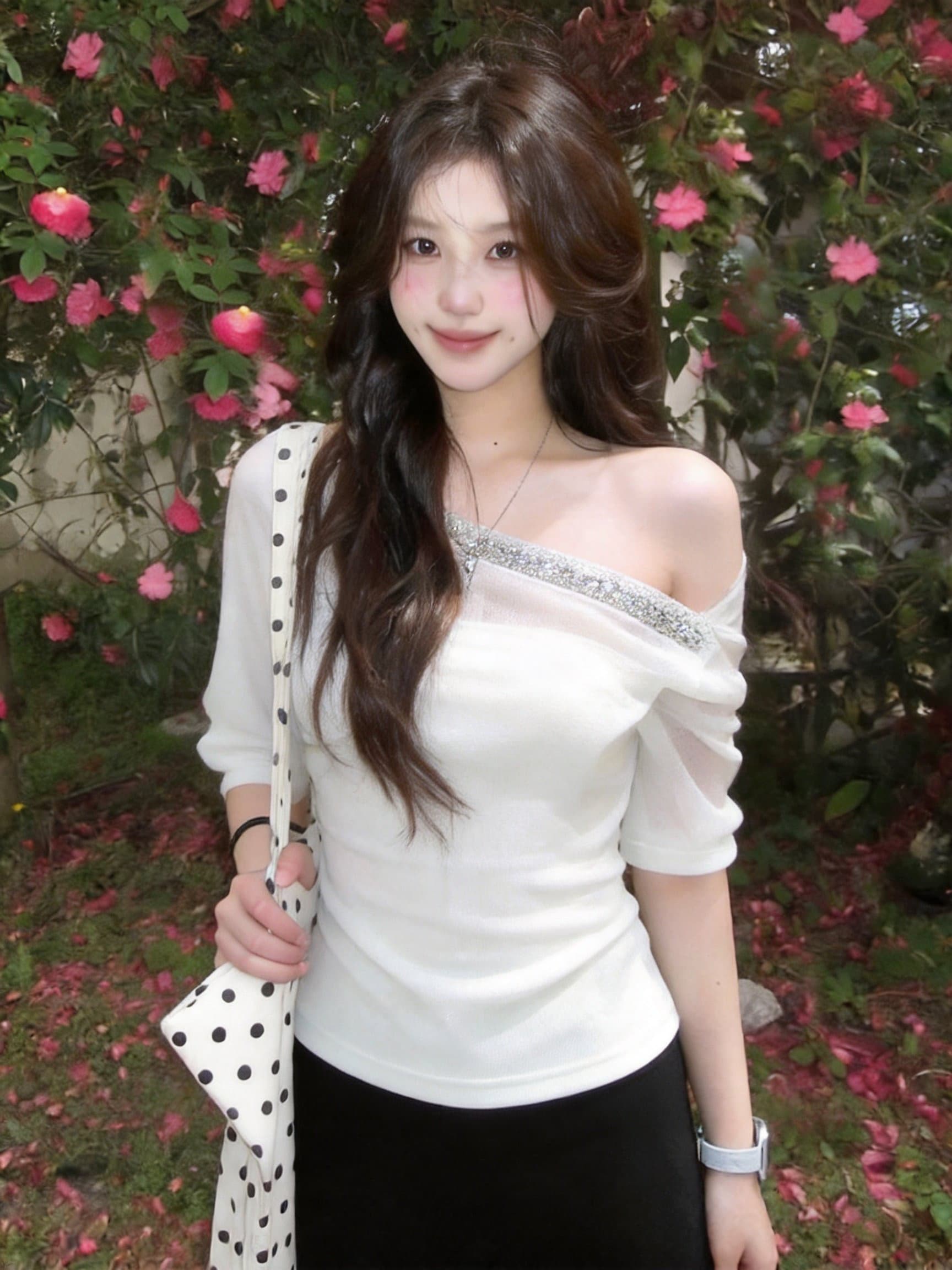 실사 여성 의류 가을 한 부서 순수한 욕망 부드러운 페이크 레이어드 좋은 플래시 비스듬한 어깨 핫픽스 작은 셔츠 오프숄더 몸매 가꾸기 맨위 상세 이미지 10