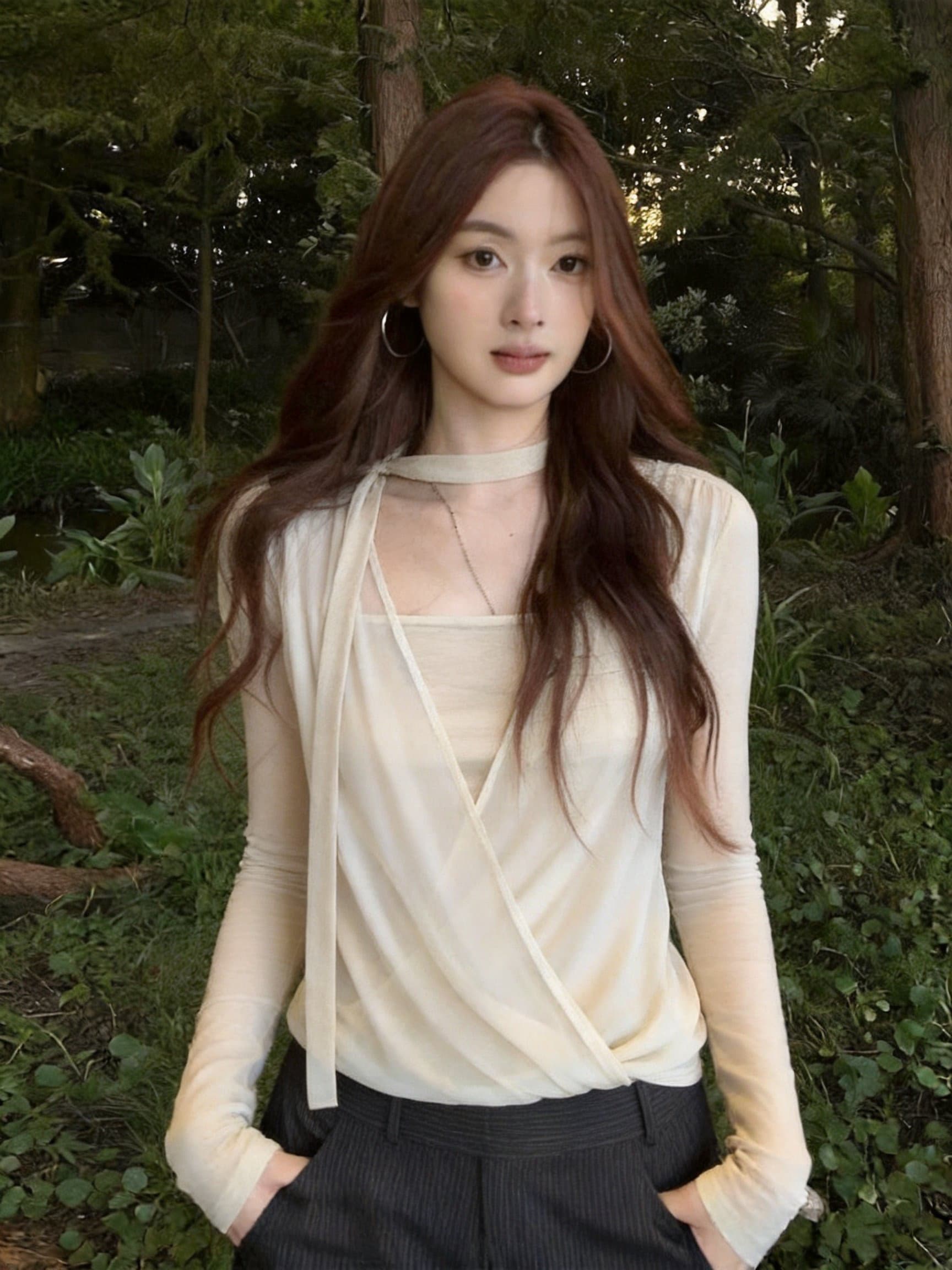 실사 한 부서 미니멀리즘 작은 대중 여성 셔츠 2026 이른 가을 새로운 행침 목 리본 긴팔 유럽 오간자 작은 셔츠 맨위 상세 이미지 6