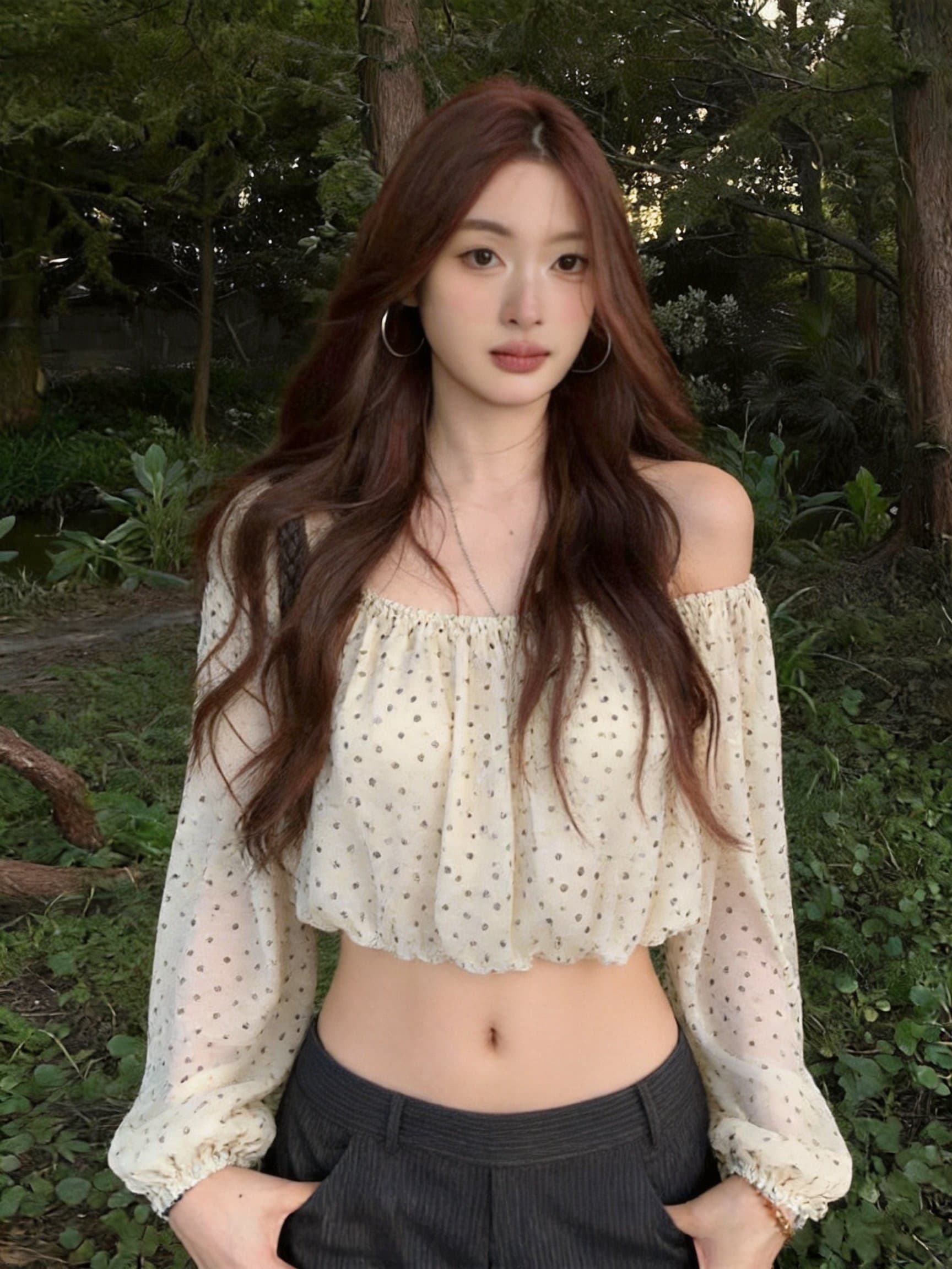 실사 프랑스식 오프숄더 도트 무늬 맨위 여성 가을 새로운 쇼트 스타일 긴팔 작은 셔츠 상세 이미지 3