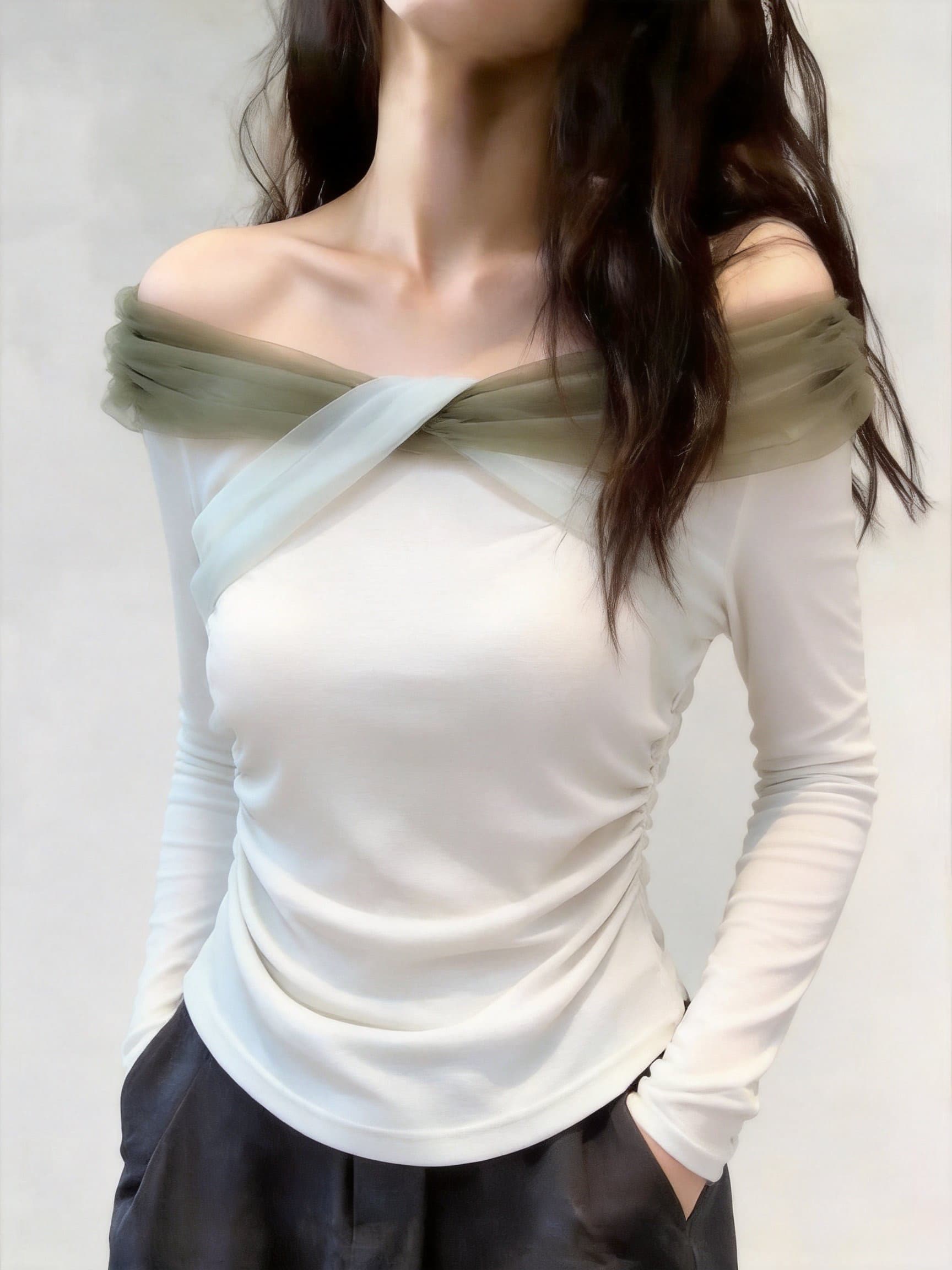 실사 오프숄더 망사 패치워크 긴팔 티셔츠 이른 가을 몸매 가꾸기 인사이드 가져 가라. 기본 셔츠 고유 한 그레이트 봐. 의류 이미지 4